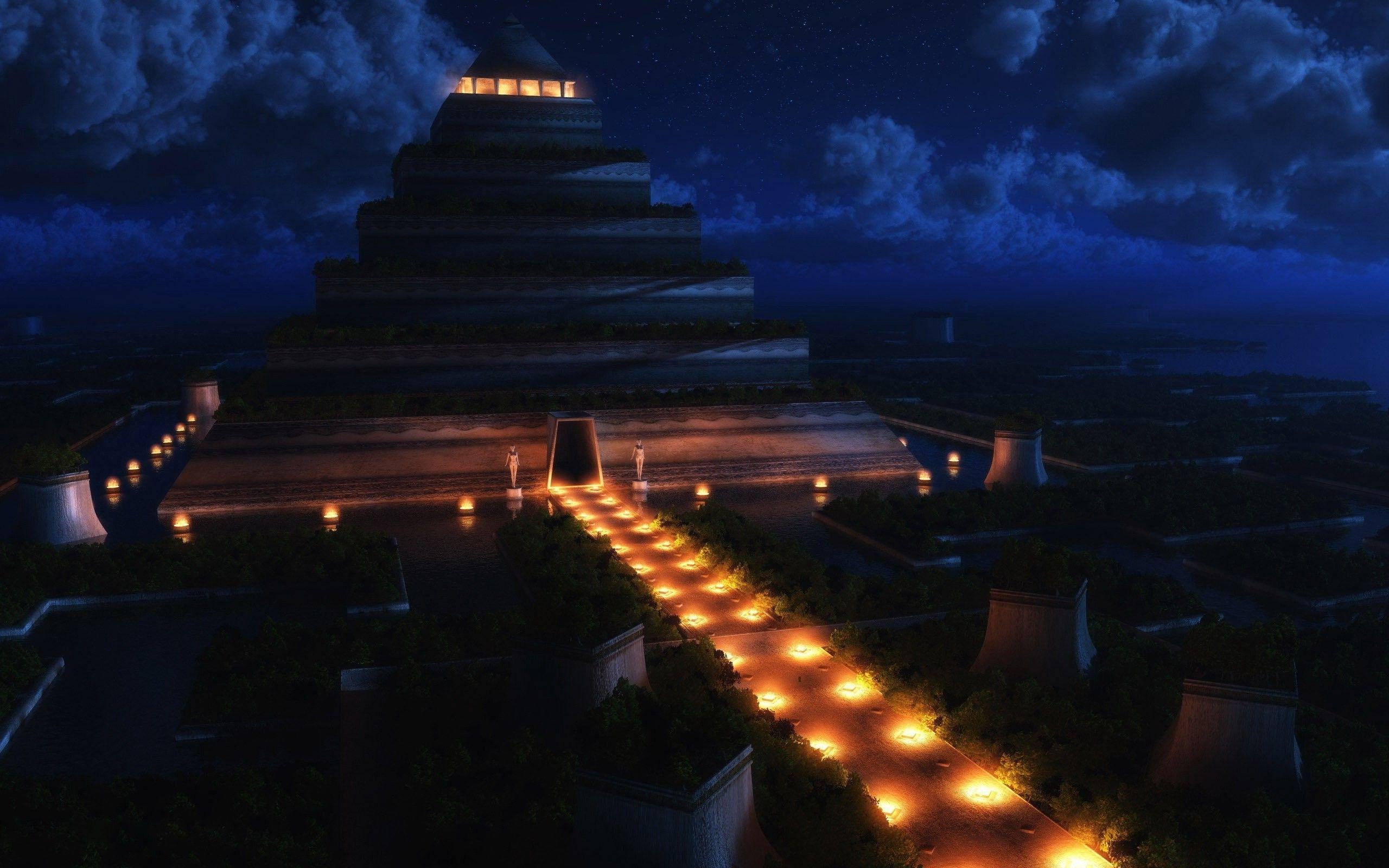 2560x1600 digital Art, Fantasy Art, Futuristic, Pyramid, Night, Lights, Trees
