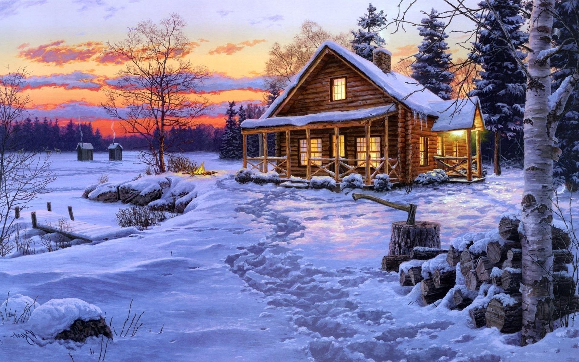 1920x1200 Log Cabin In Snow Wallpaper In The Winter Lake