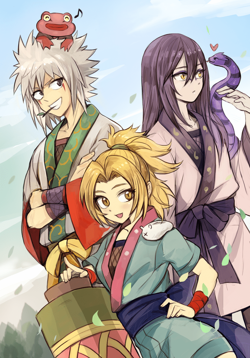 800x1146 tsunade, jiraiya, orochimaru, katsuyu, gamabunta, and 1 more (naruto and 1 more) drawn by boring_(brtgm)