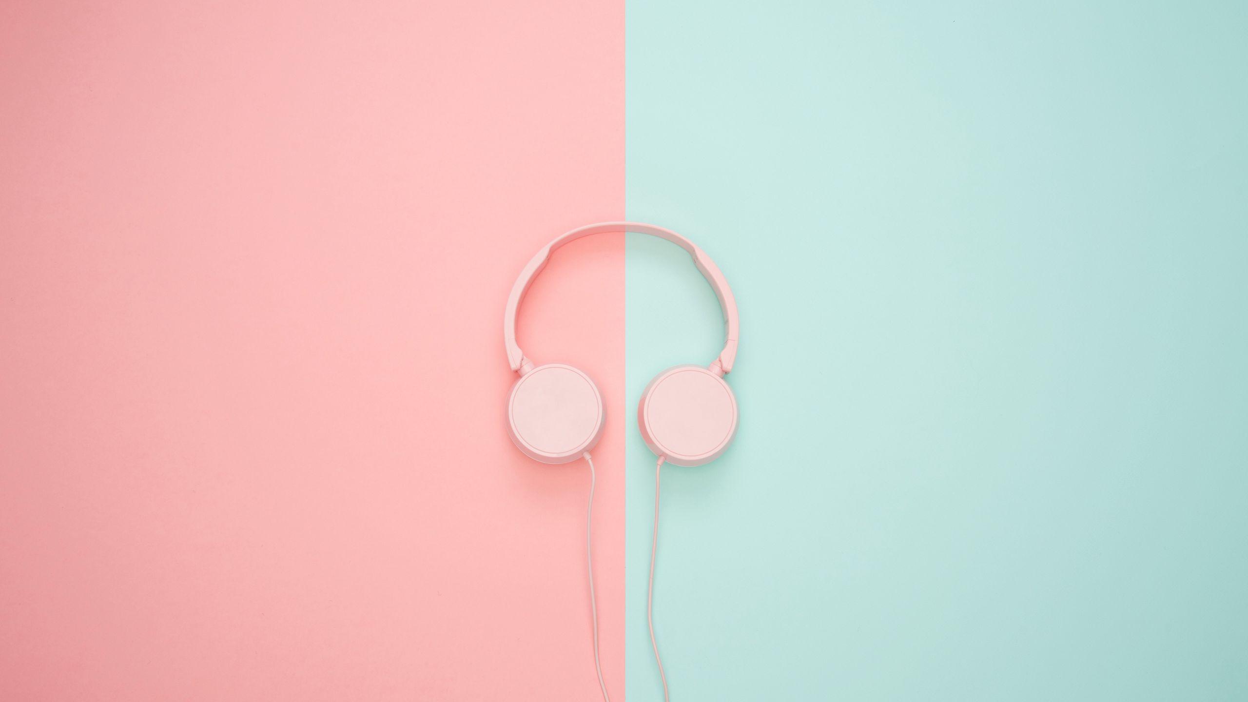 2560x1440 Download wallpaper 2560x1440 headphones, minimalism, pink, pastel widescreen 16:9 HD background
