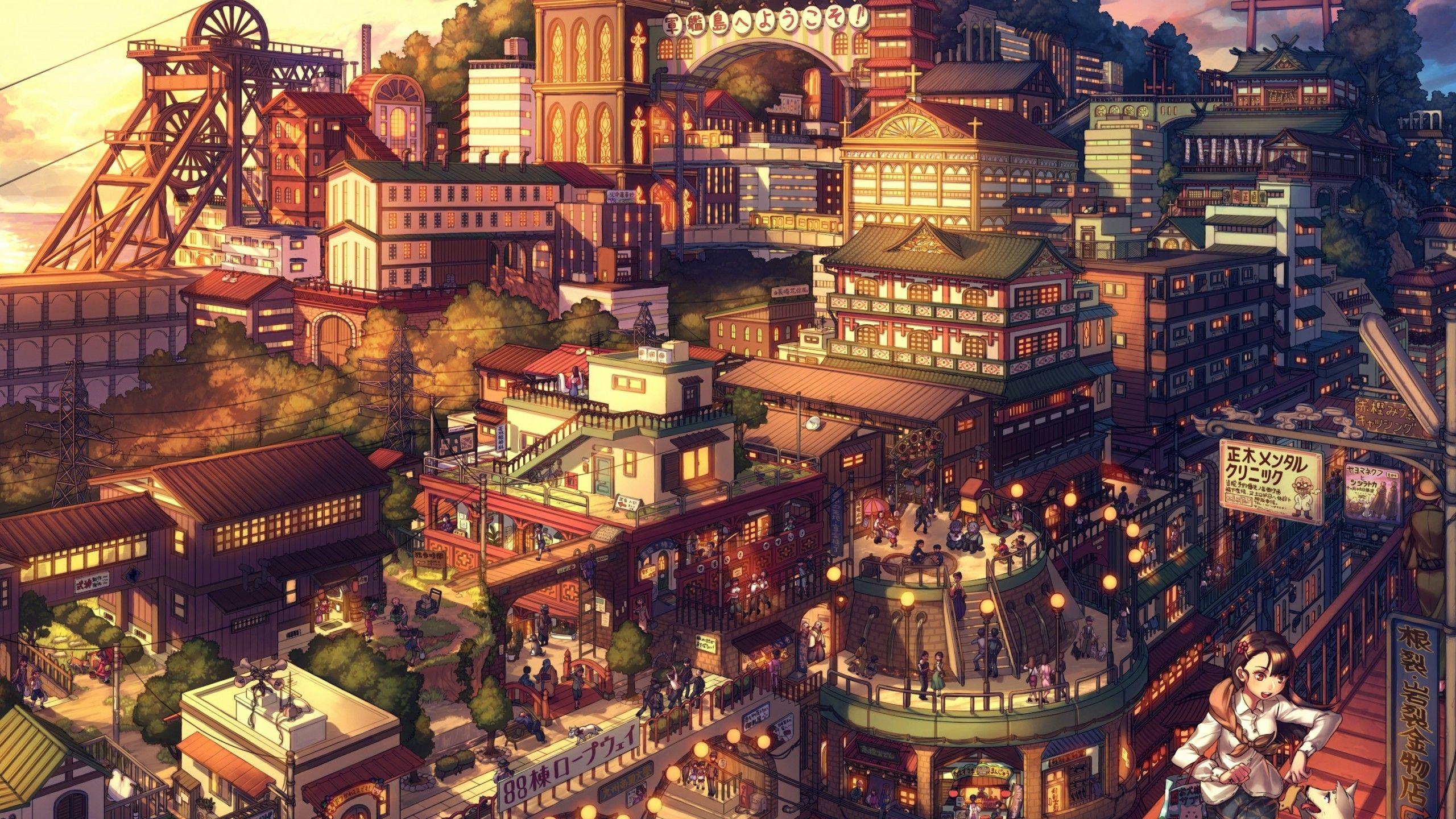 2560x1440 Japanese Anime Town Landscape Wallpaper