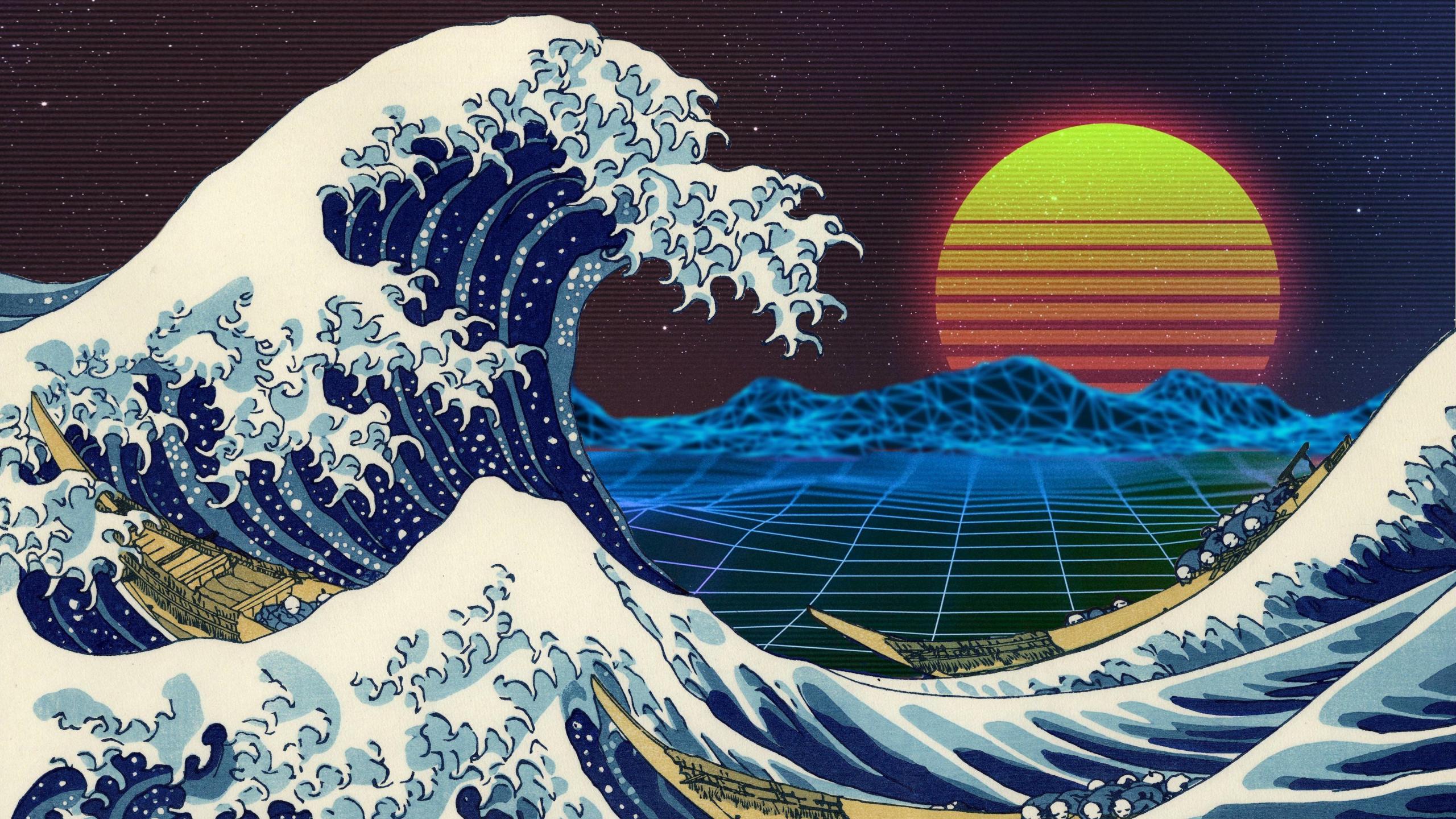 2560x1440 Download 2560x1440 wallpaper retro, art, tide, sea waves, moon, dual wide, widescreen 16: widescreen, 2560x1440 HD image, background, 16535