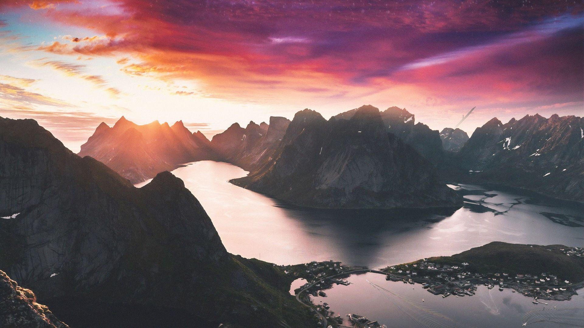 1920x1080 Desktop wallpaper beautiful mountains, sunset, scenery, landscape, HD image, picture, background, efcc47