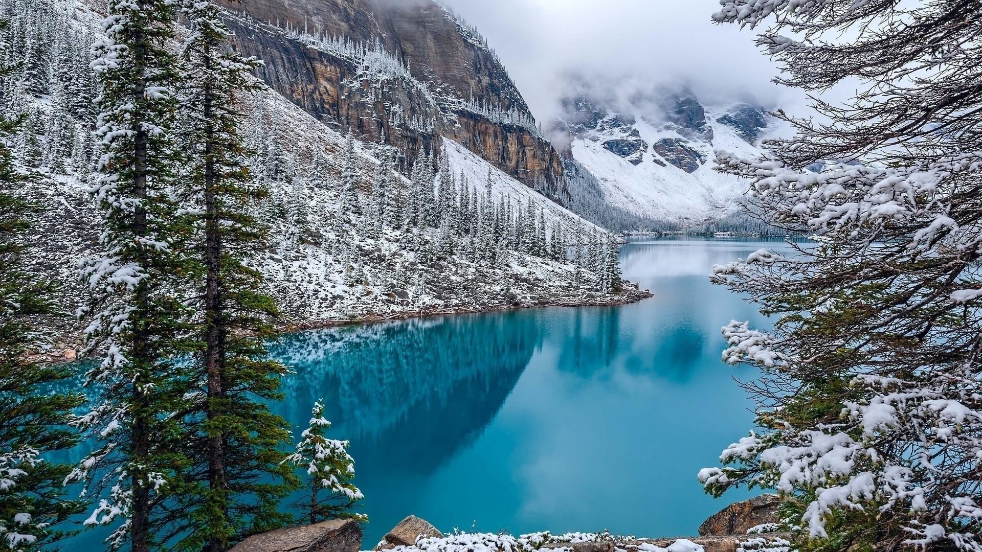 1920x1080 nature, Landscape, Moraine Lake, Canada, Winter, Turquoise, Water, Forest, Mountain, Snow, Trees, Clouds Wallpaper HD / Desktop and Mobile Background