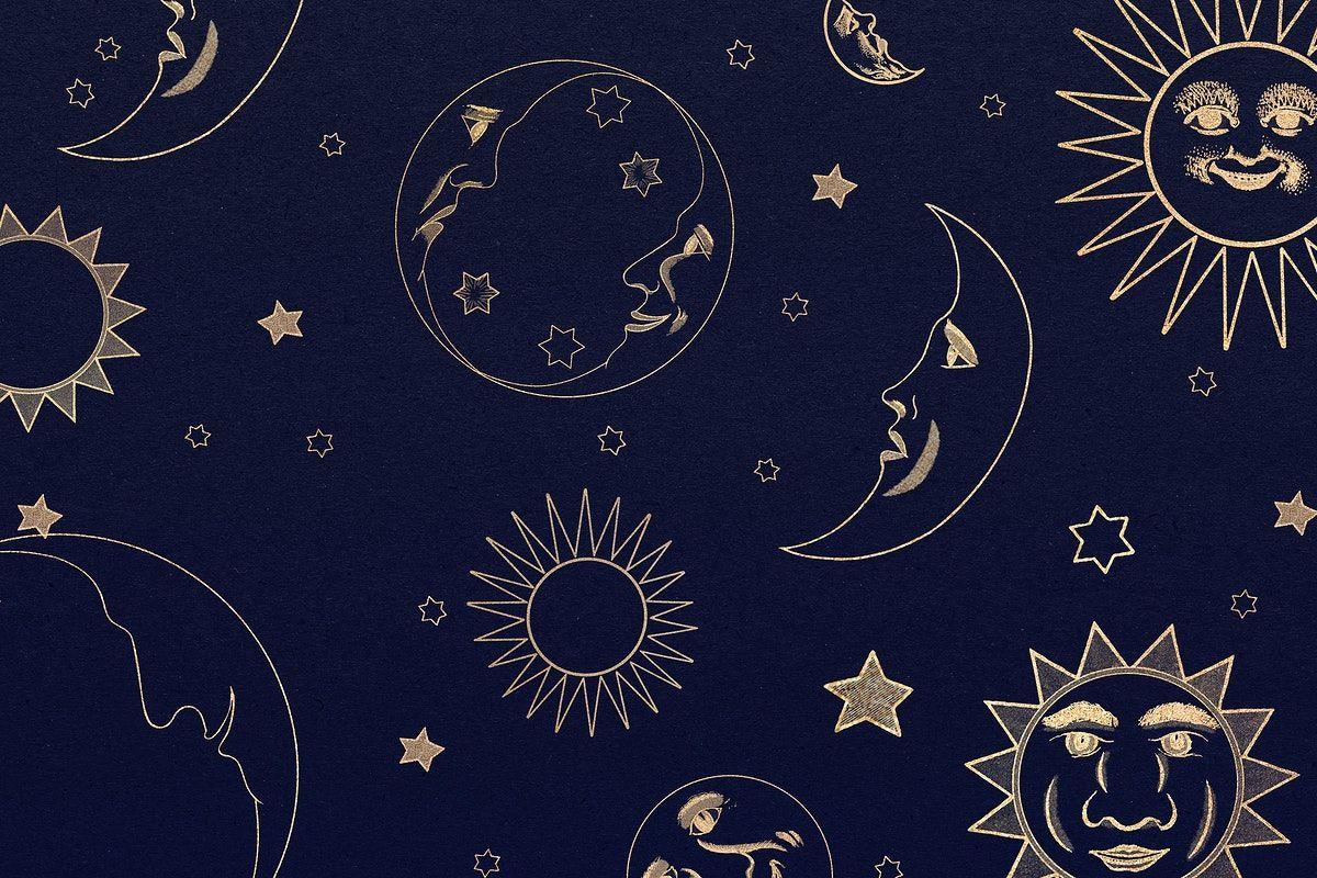 1200x800 Gold celestial sun, moon and stars pattern on black background design element. free image by raw. Black background design, Background patterns, Background design