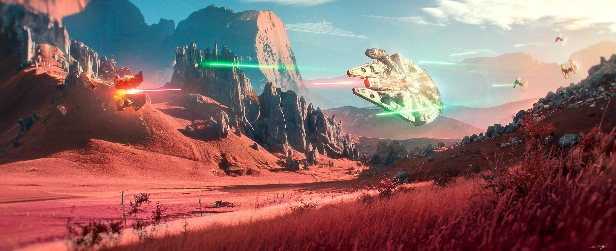 2500x1019 Millenium Falcon Star Wars Artwork Landscape Fictional Ultrawide Wallpaper:2500x1019
