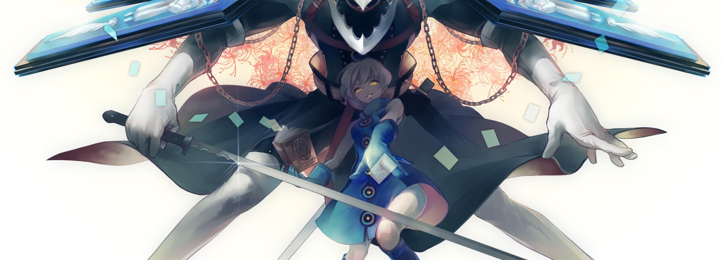 2500x900 book, Chain, Dress, Elizabeth, Gloves, Persona, Persona, Persona, Short, Hair, Sword, Thanatos, Weapon, White, Hair, Yellow, Eyes Wallpaper HD / Desktop and Mobile Background