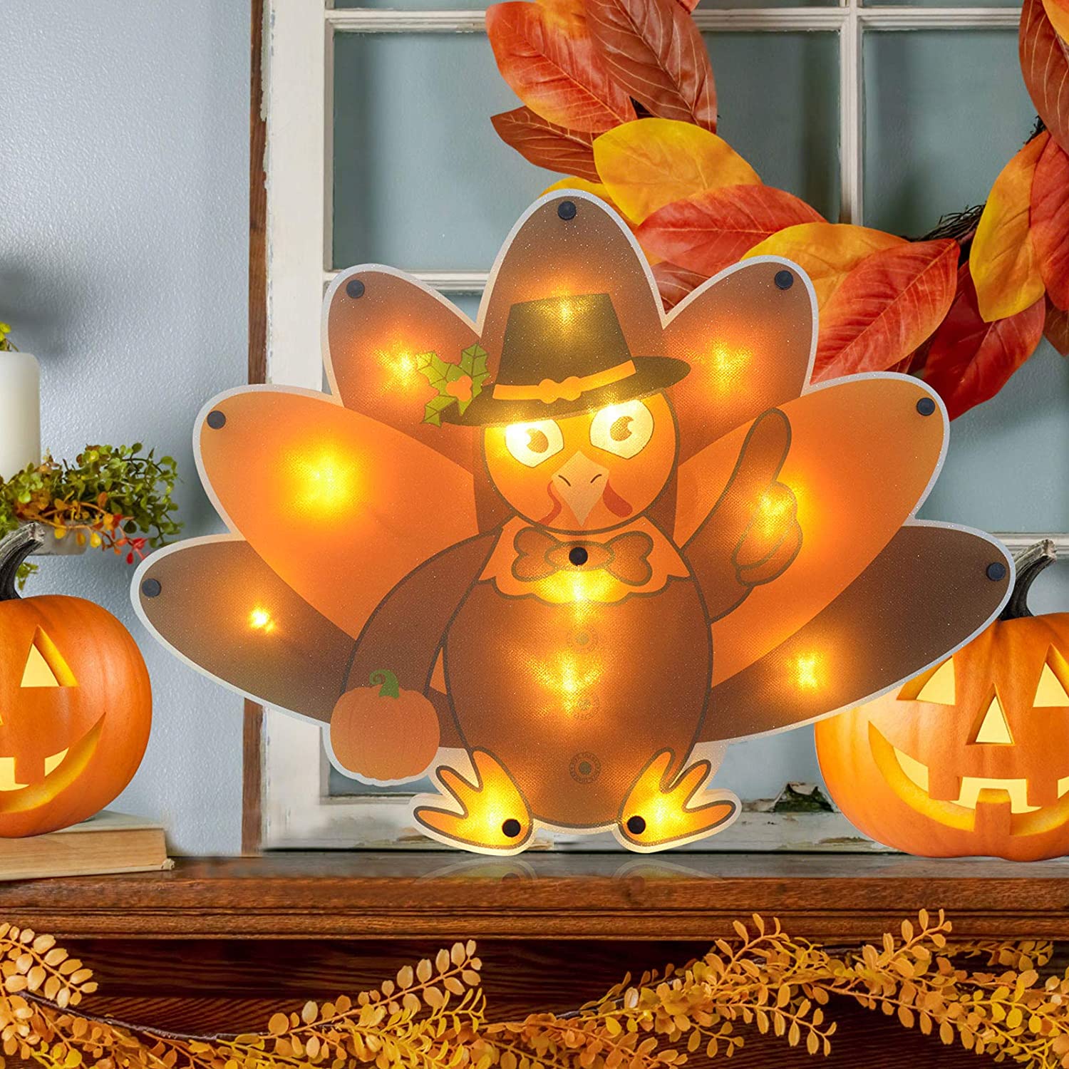 1500x1500 ALLADINBOX 13 LEDs Lighted Turkey Orange Light with Pilgrim Hat Thanksgiving Window Wall Door Table Centerpiece Silhouette Hanging Decoration (2AA Battery not Included) : Patio, Lawn & Garden