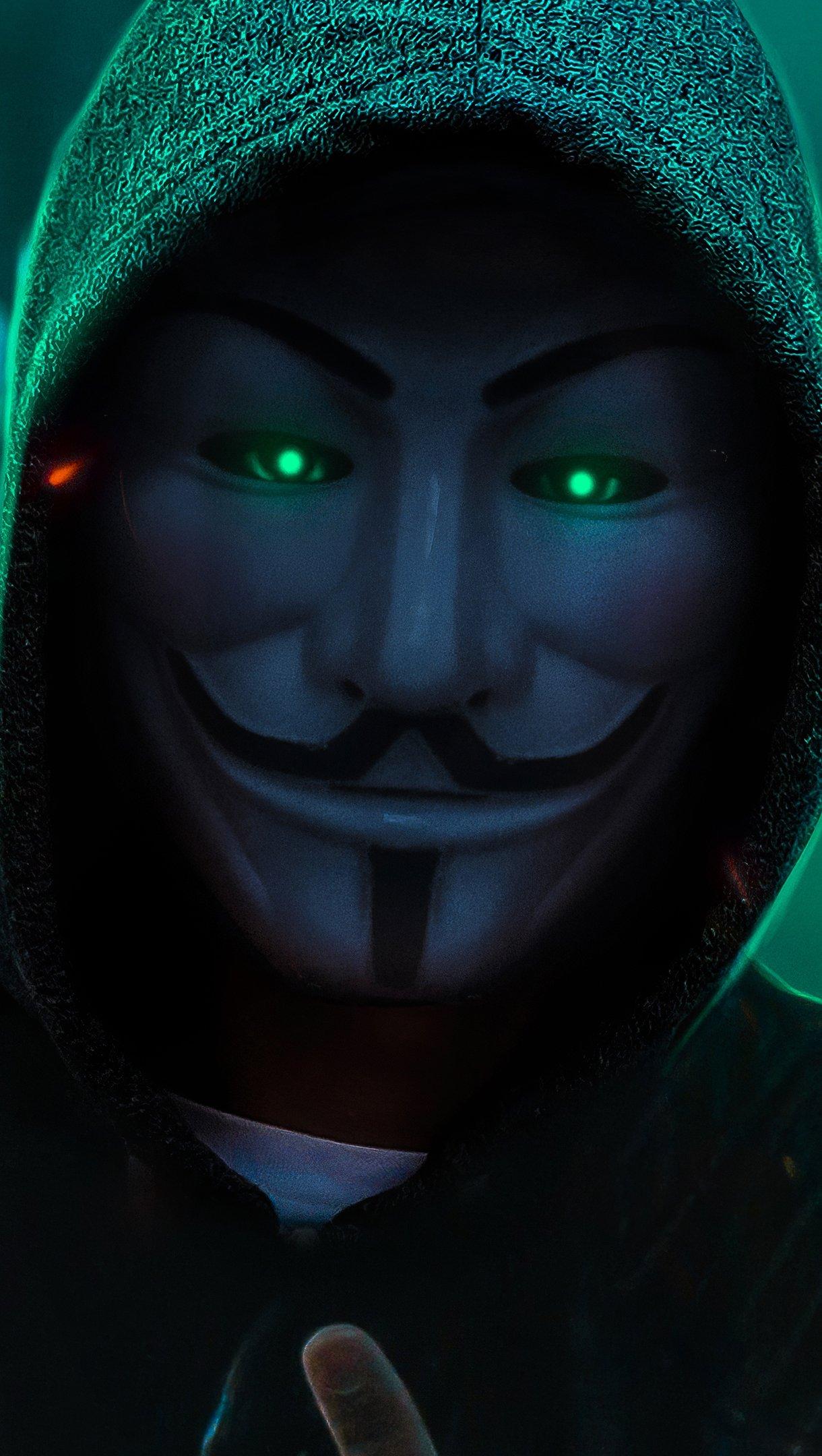 1220x2160 Anonymus mask with green neon colors Wallpaper 4k Ultra HD