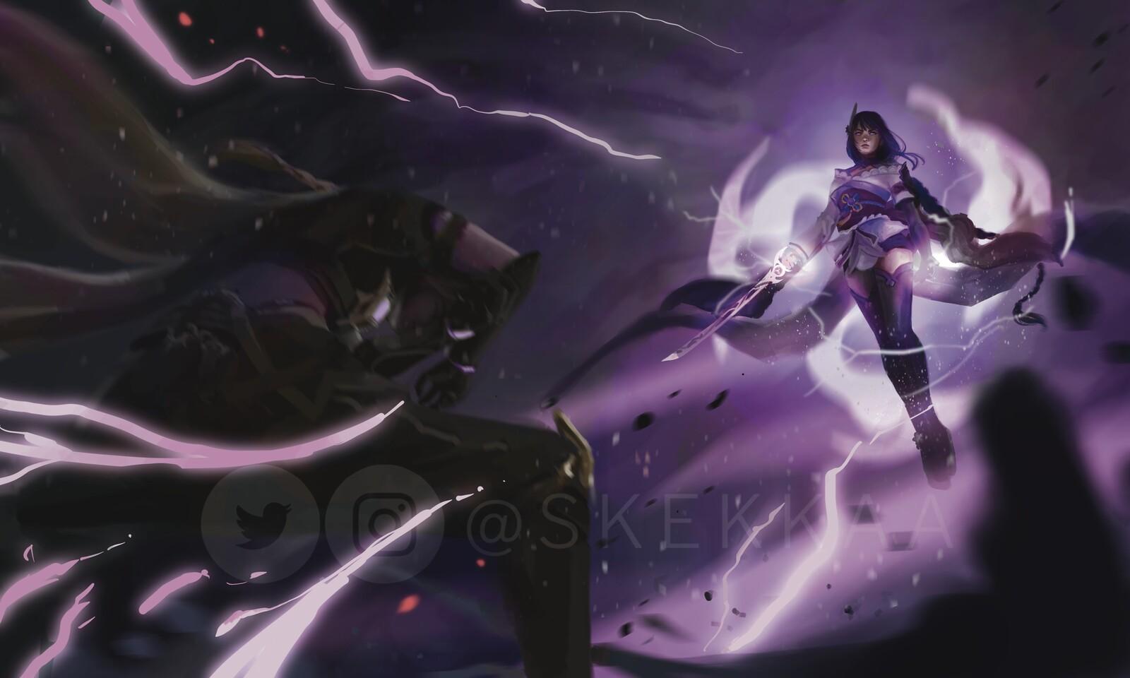 1600x960 [GENSHIN IMPACT] Baal and Aether splash, Skekkaa