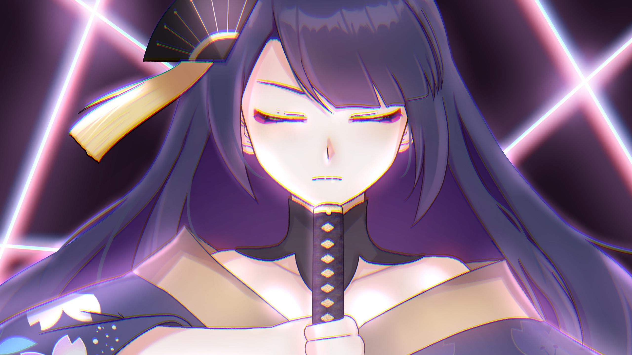 2560x1440 Baal Closed Eyes Purple Hair HD Genshin Impact Wallpaper
