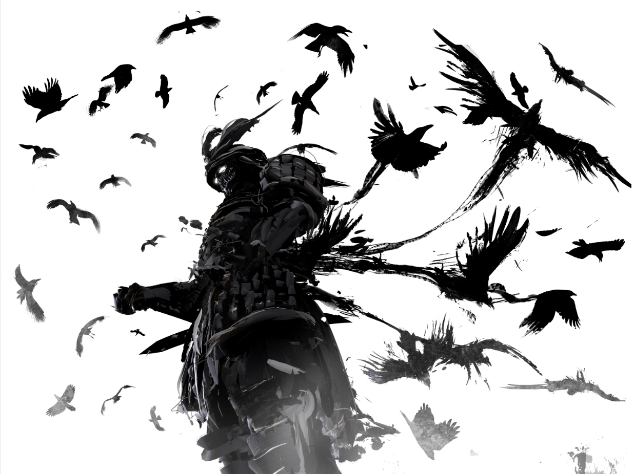 1238x926 Ronin in terrible armor unwaveringly stands in a whirlwind of crows (#WT_Art ). Samurai artwork, Samurai art, Samurai tattoo design