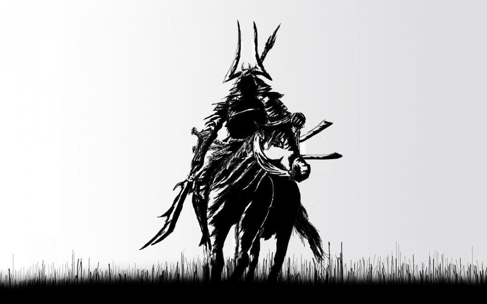 1600x1000 drawing, illustration, monochrome, samurai, sketch, black and white, monochrome photography. Mocah HD Wallpaper