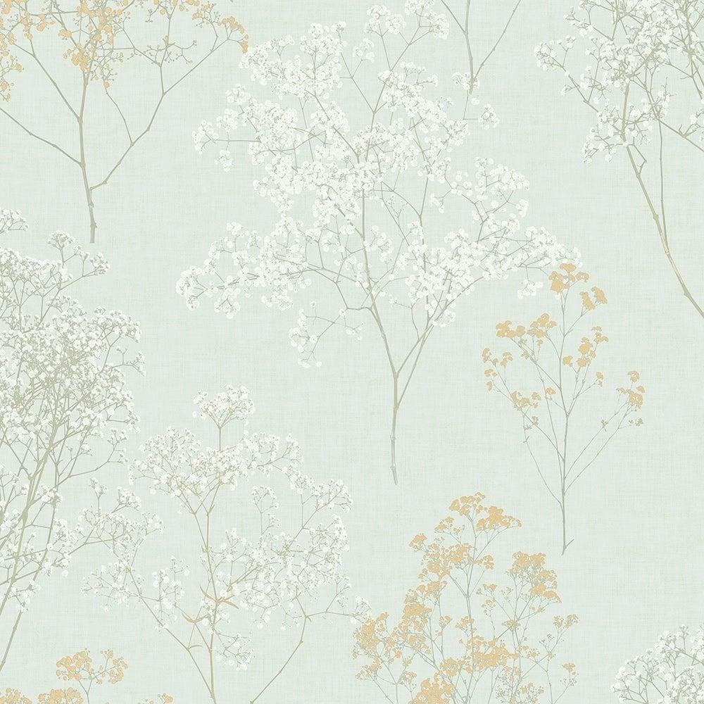 1000x1000 Queen Anne's Lace Wallpaper, Floral in Green, Ochre, Orange, Sage, Mint, Mint Green