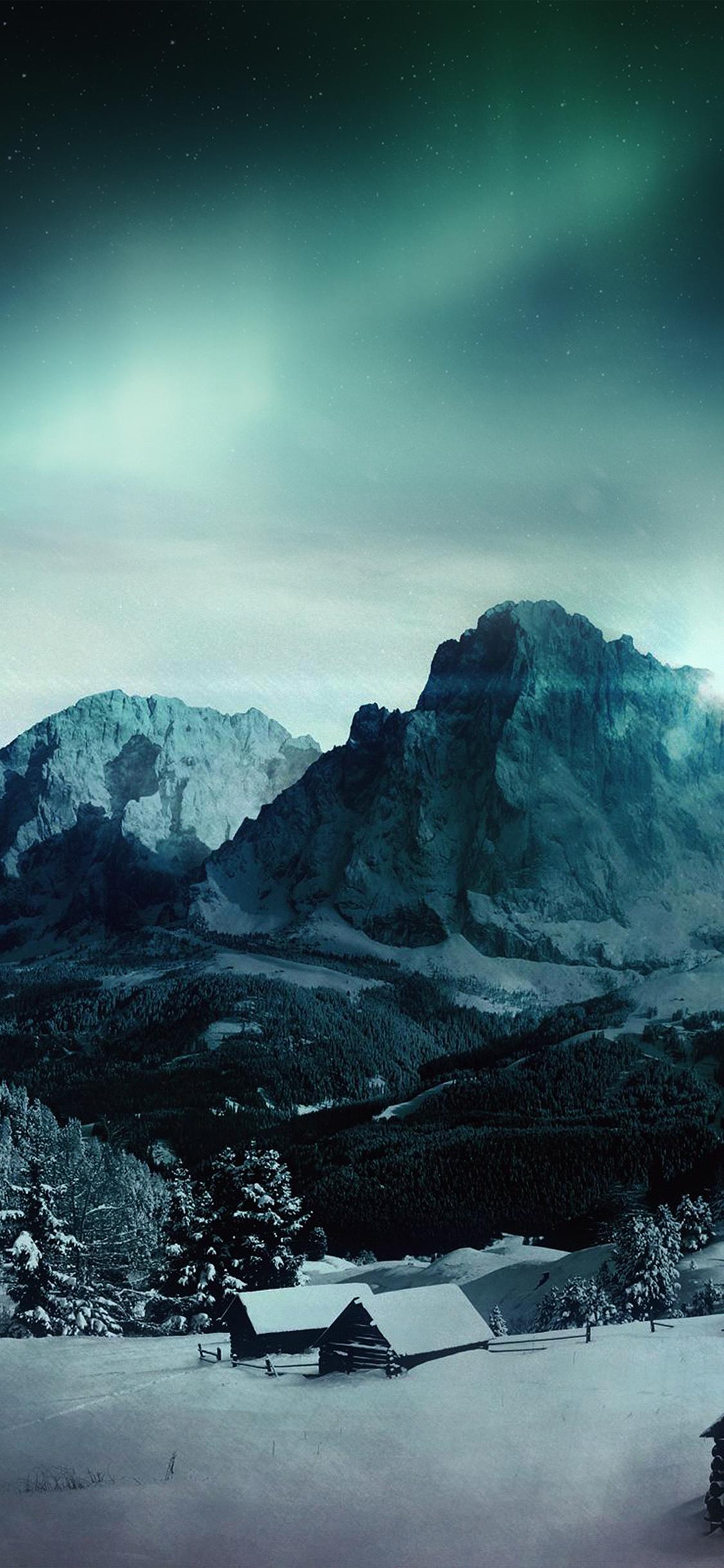 1125x2436 Night Sky Mountain Snow Winter Aurora Wallpaper
