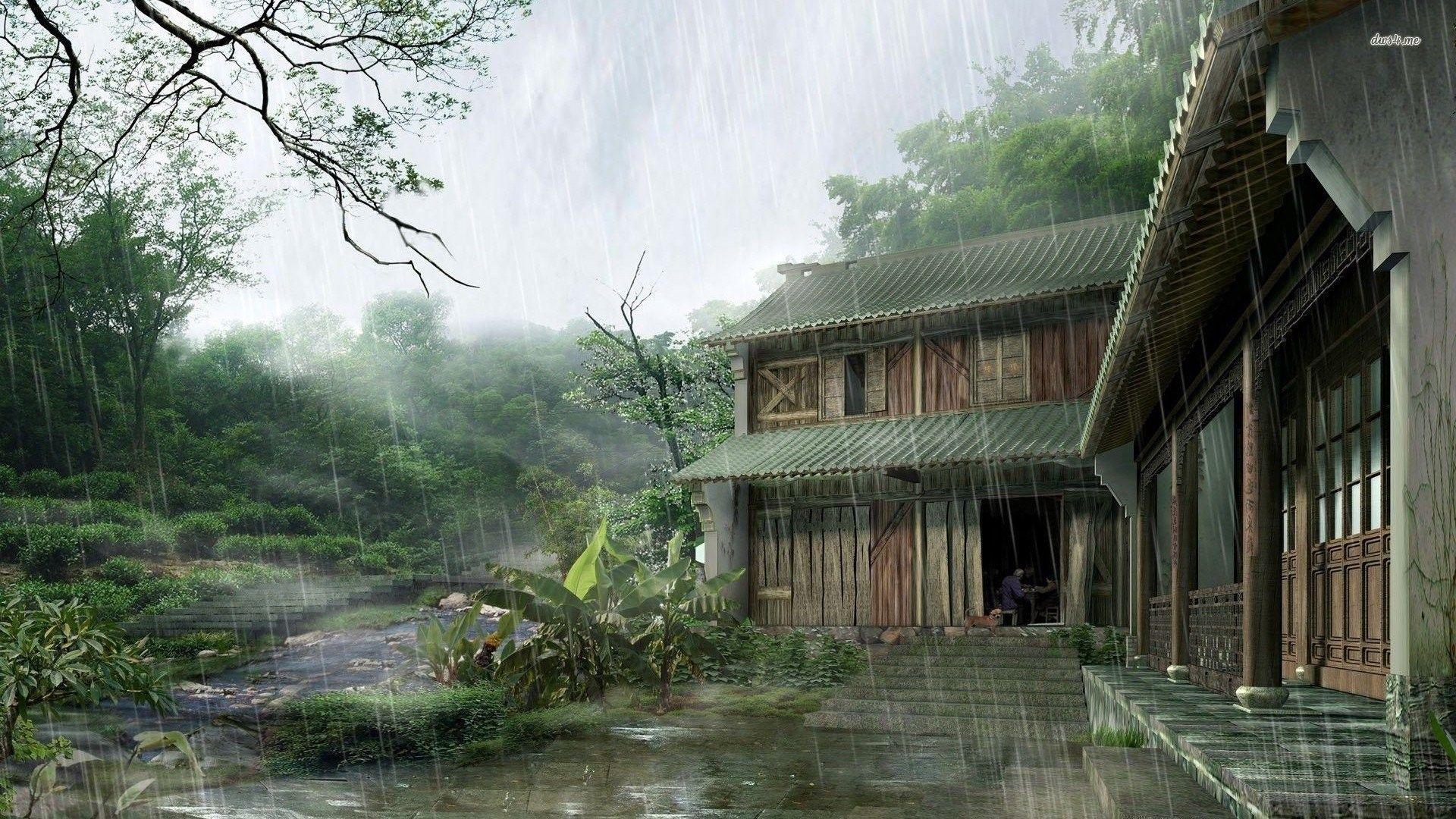 1920x1080 Download HD Wallpaper Of 395139 Fantasy_art, Artwork, Pixelated, Digital_art, House, Trees, Plants, Leaves, Window, Rain, China, Stair. Dojo, Home Art, Wallpaper