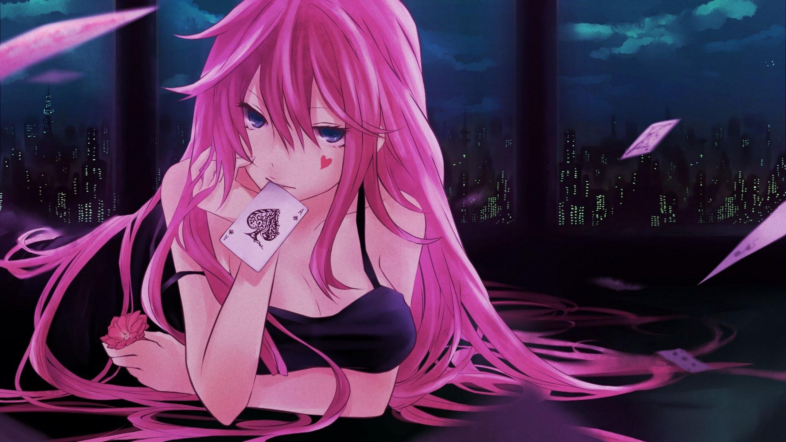 2560x1440 Anime Girls Pink Hair Poker Long Hair Looking At Viewer Wallpaper:2560x1440