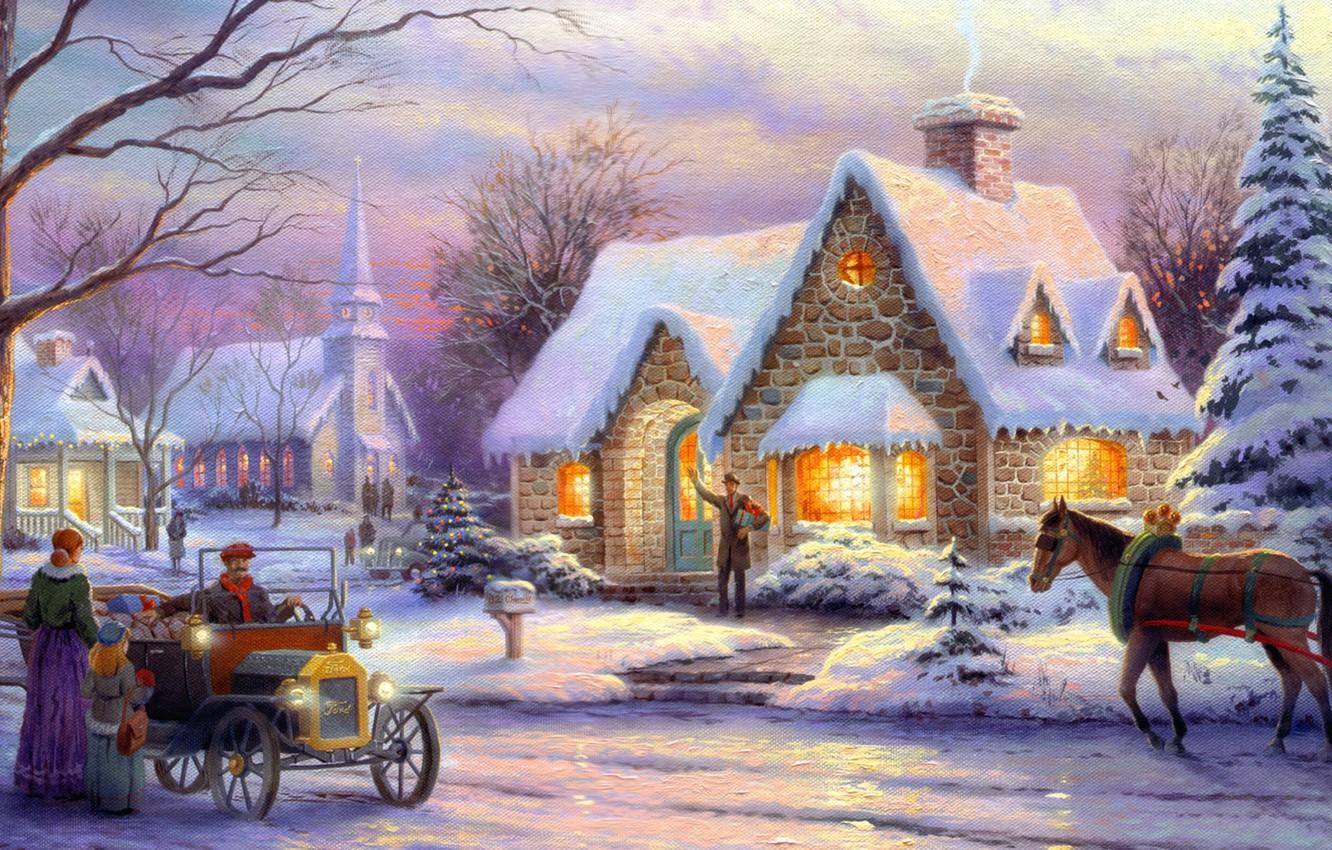 1332x850 Wallpaper winter, machine, retro, people, horse, horse, tree, room, Christmas, tree, town, box, painting, Christmas, art, winter image for desktop, section живопись