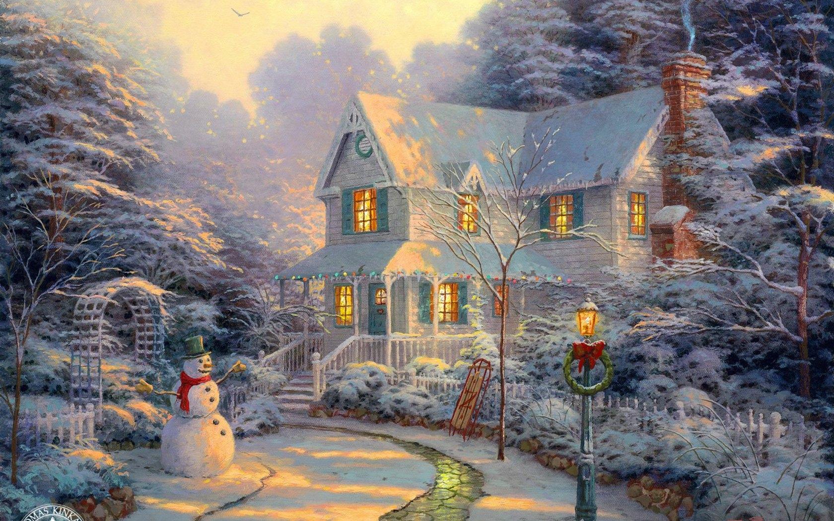1680x1050 paintings winter houses snowmen thomas kinkade 1680x1050 wallpaper High Quality Wallpaper, High Definition Wallpaper