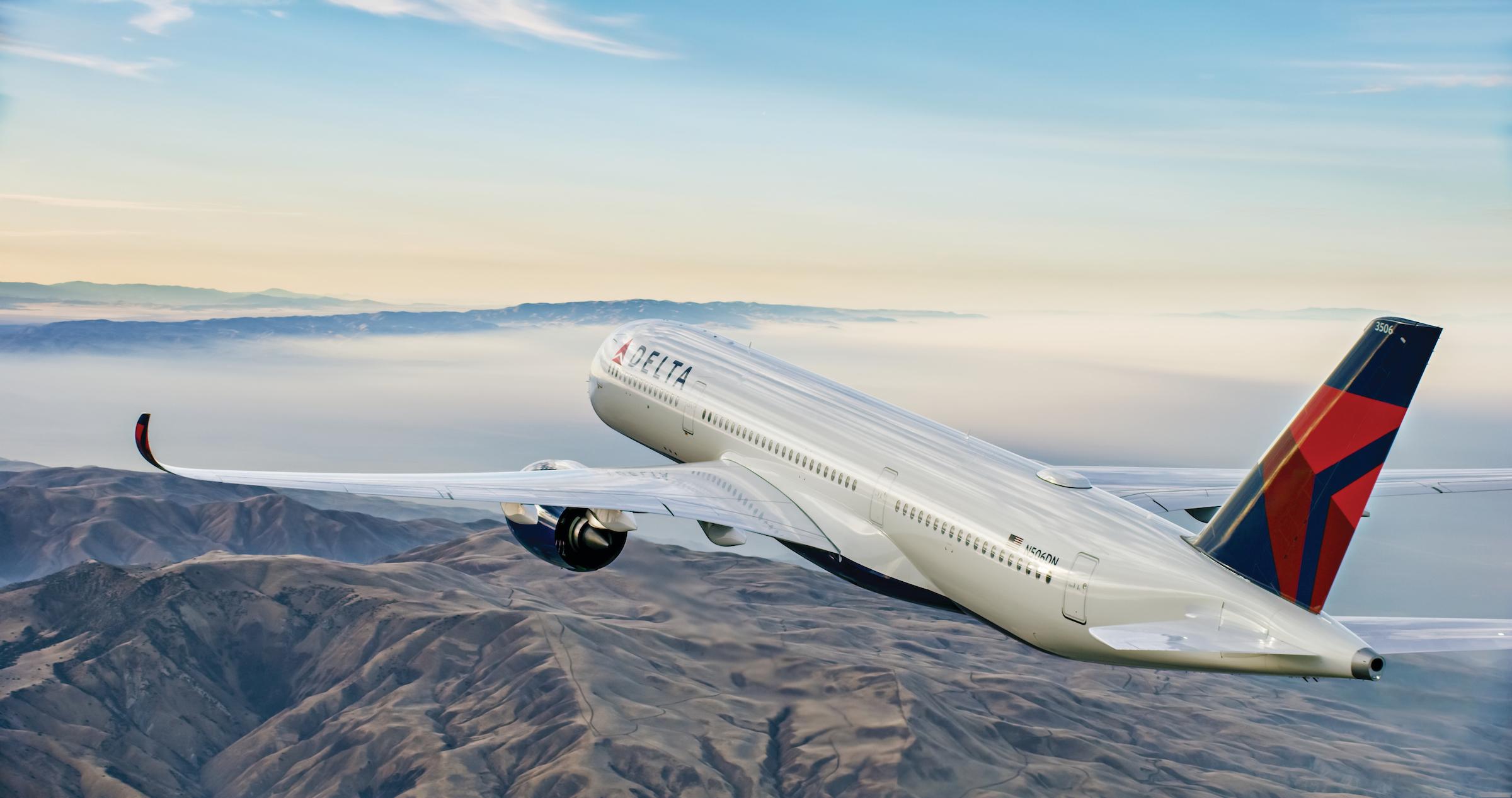2400x1266 A350 in flight over mountains. Delta News Hub
