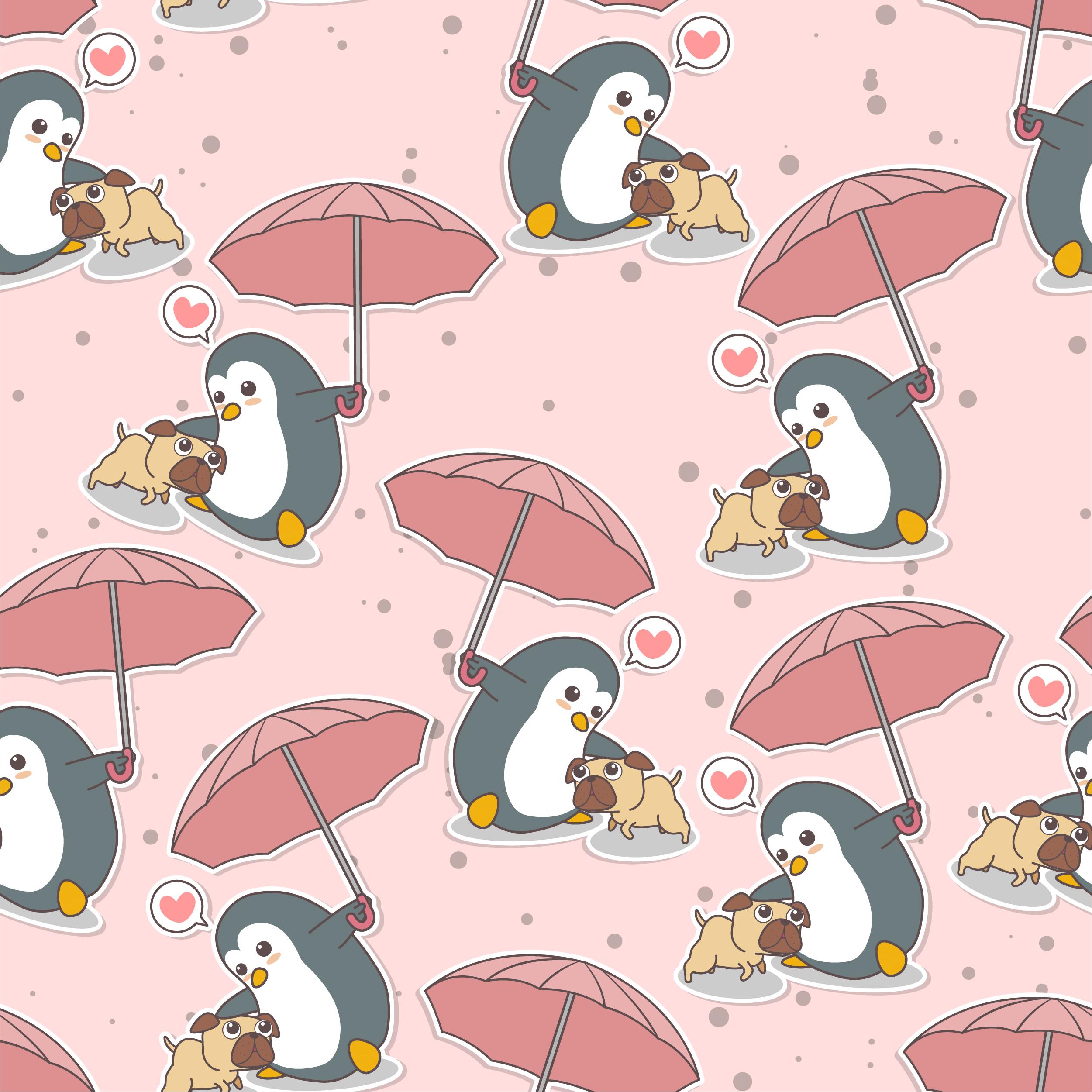 2501x2501 Seamless adorable penguin holding umbrella with dog pattern