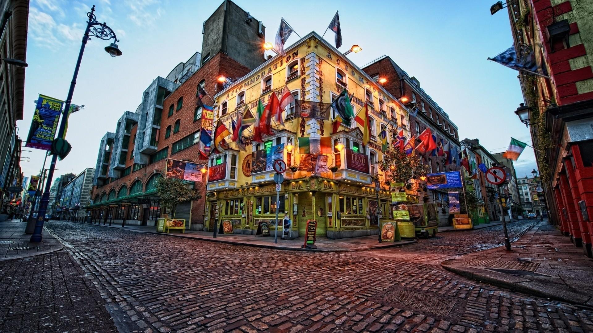 1920x1080 Bar with flags on a street corner in Dublin wallpaper and image, picture, photo