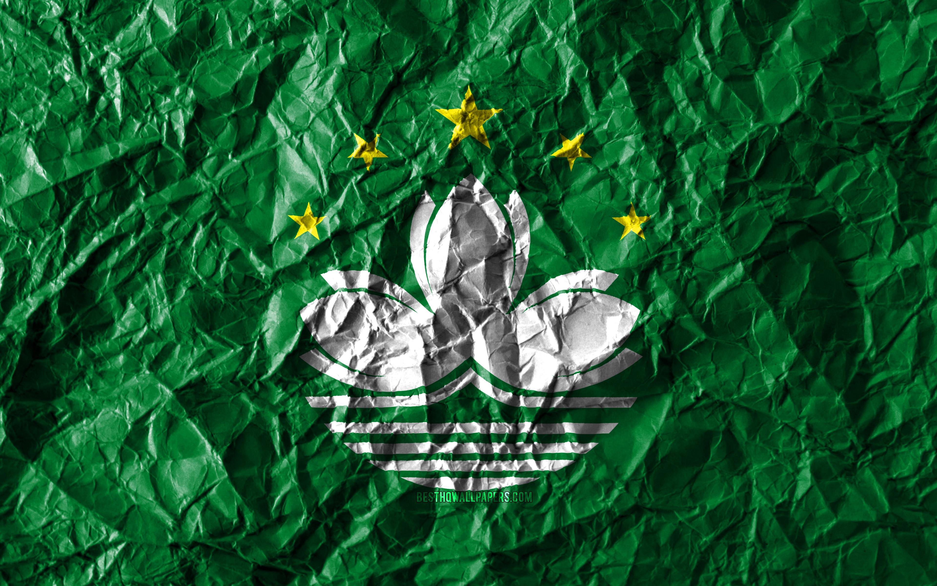 3840x2400 Download wallpaper Macau flag, 4k, crumpled paper, Asian countries, creative, Flag of Macau, national symbols, Asia, Macau 3D flag, Macau for desktop with resolution 3840x2400. High Quality HD picture wallpaper