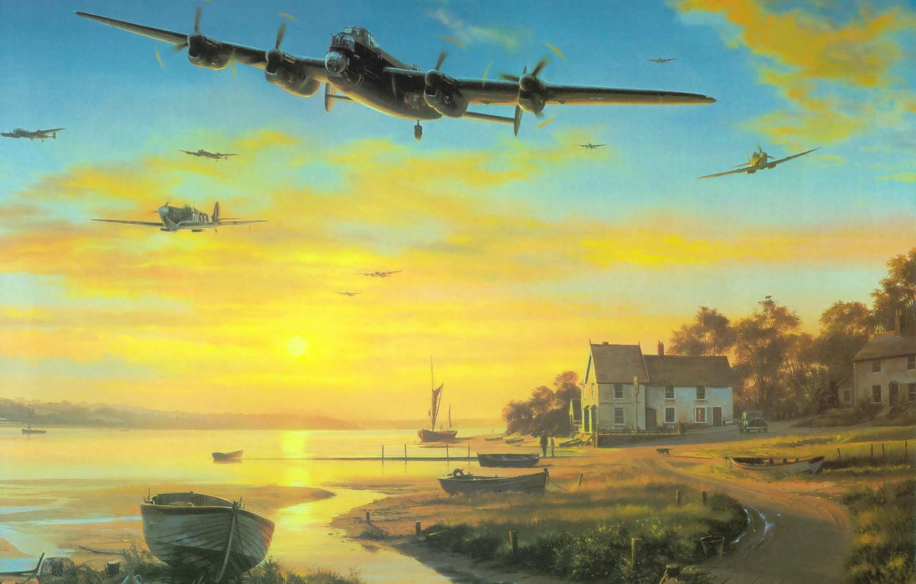 1332x850 Wallpaper war, airplane, painting, ww Avro Lancaster, british bomber, aviation art image for desktop, section авиация