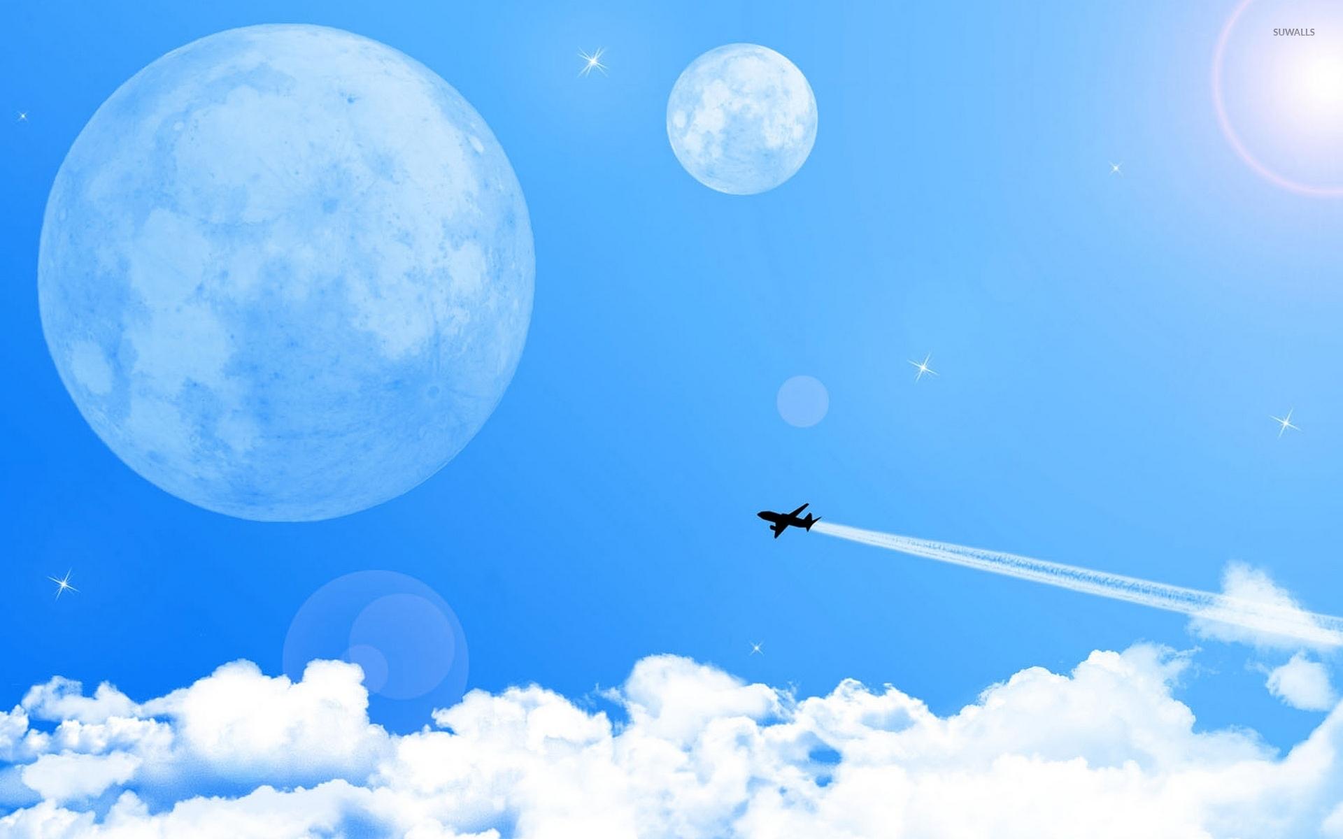 1920x1200 Airplane flying towards the moon wallpaper Art wallpaper