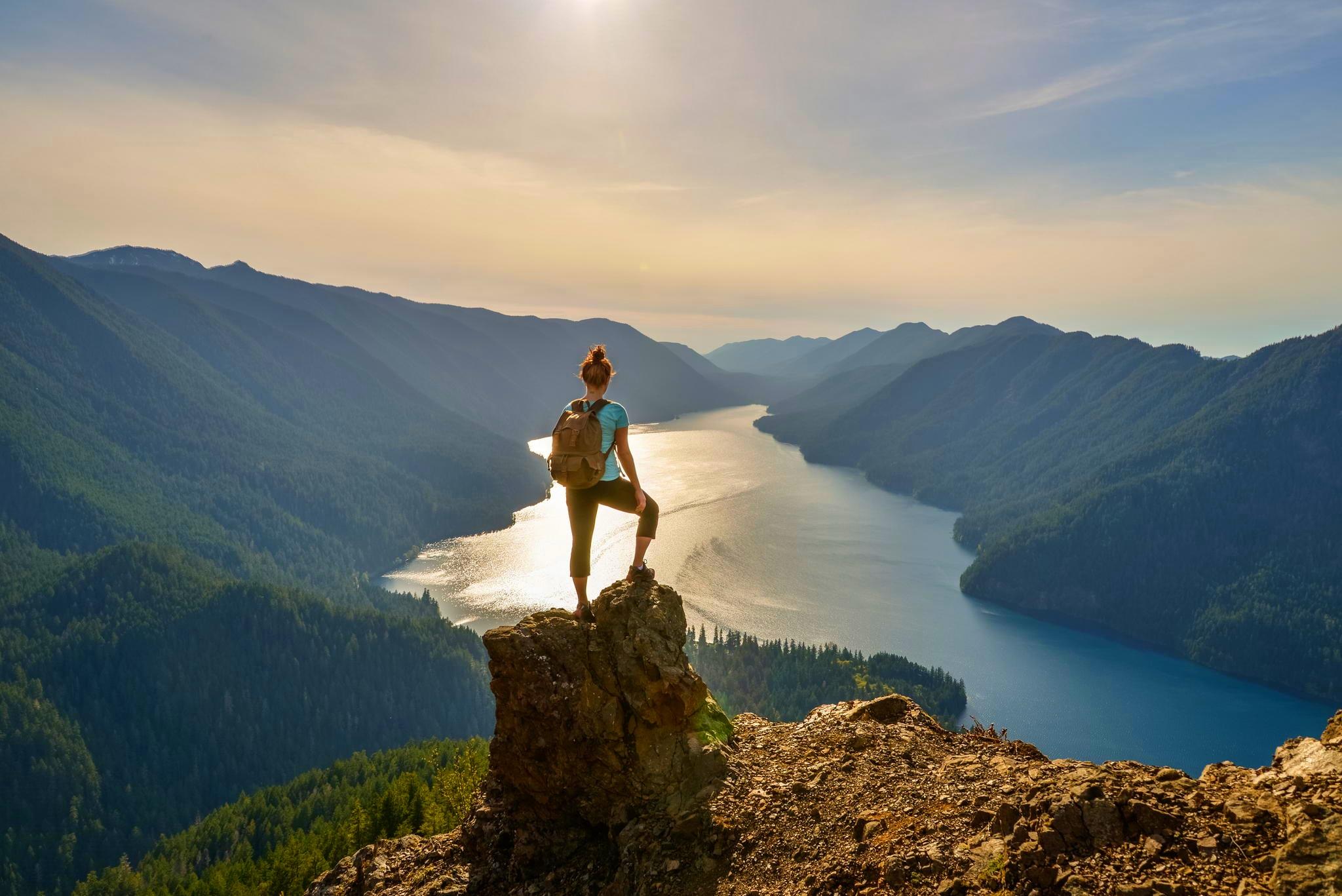 2048x1367 beautiful, forest, climb, sky, mountains, woman, clouds, from the height, lake, viewpoint wallpaper