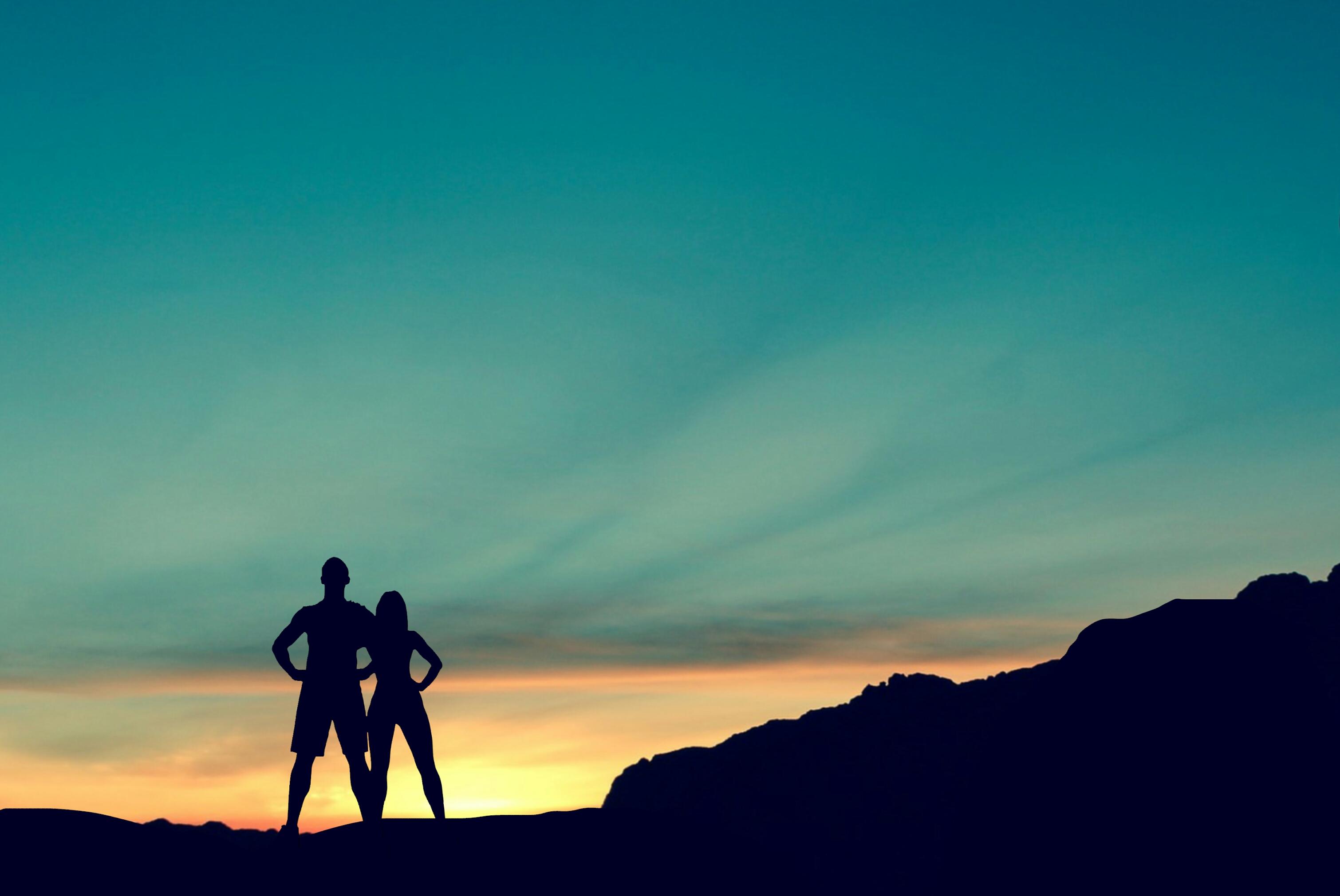 3020x2020 Free Image : top, adventure, hiking, travel, couple, freedom, hiker, trekking, man, silhouette, backpacker, nature, sky, blue, sunset, sunrise, landscape, fitness, sports, fit, together, active, athlete, athletic, coach, exercise, female, cloud, horizon