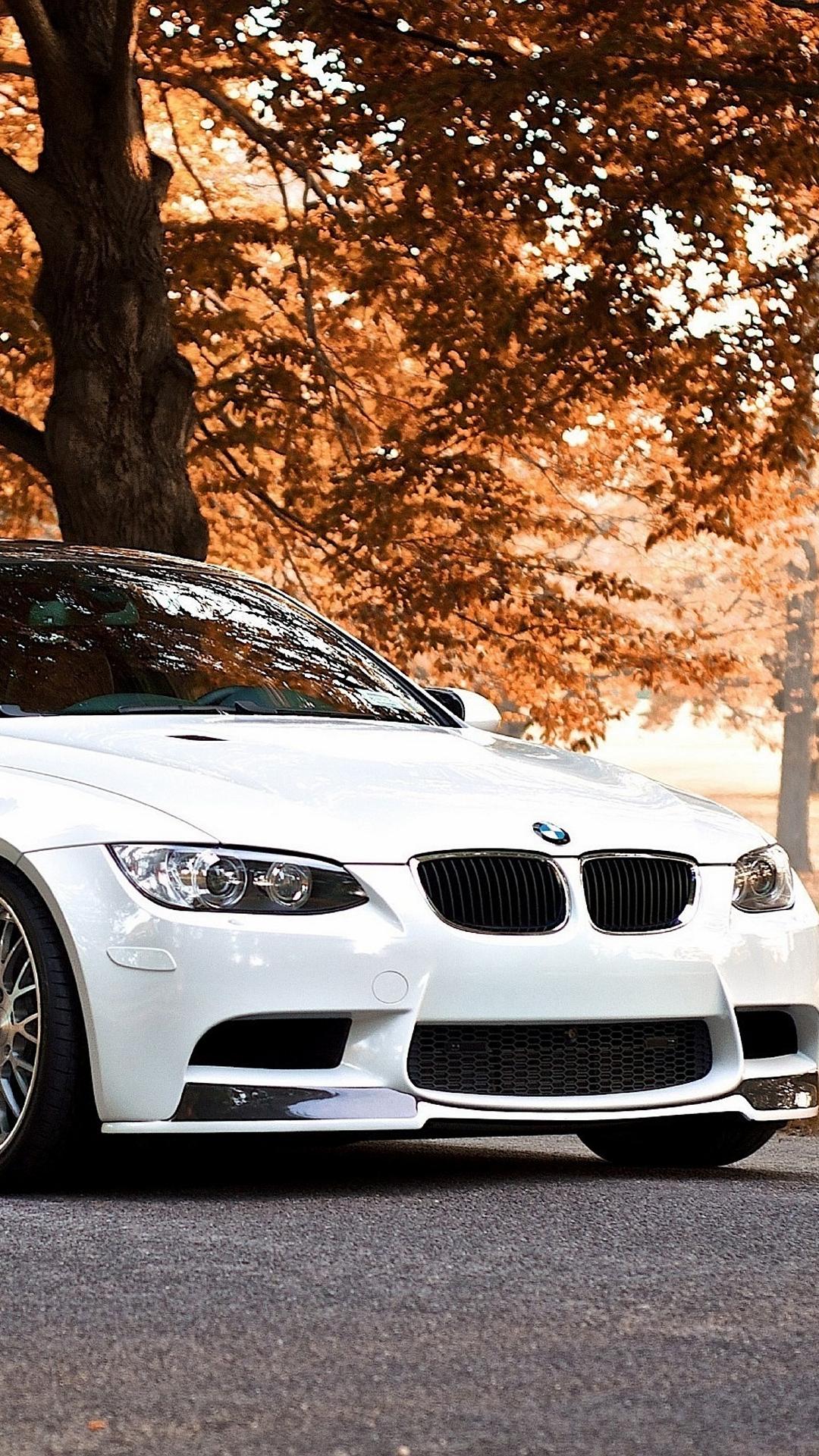 1080x1920 BMW M3 White Autumn Background Android Wallpaper free download