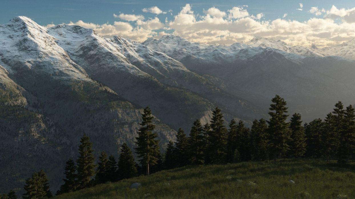 1244x700 Trees landscape ridge hill Art peaks snow mountains sky clouds forest wallpaperx1080