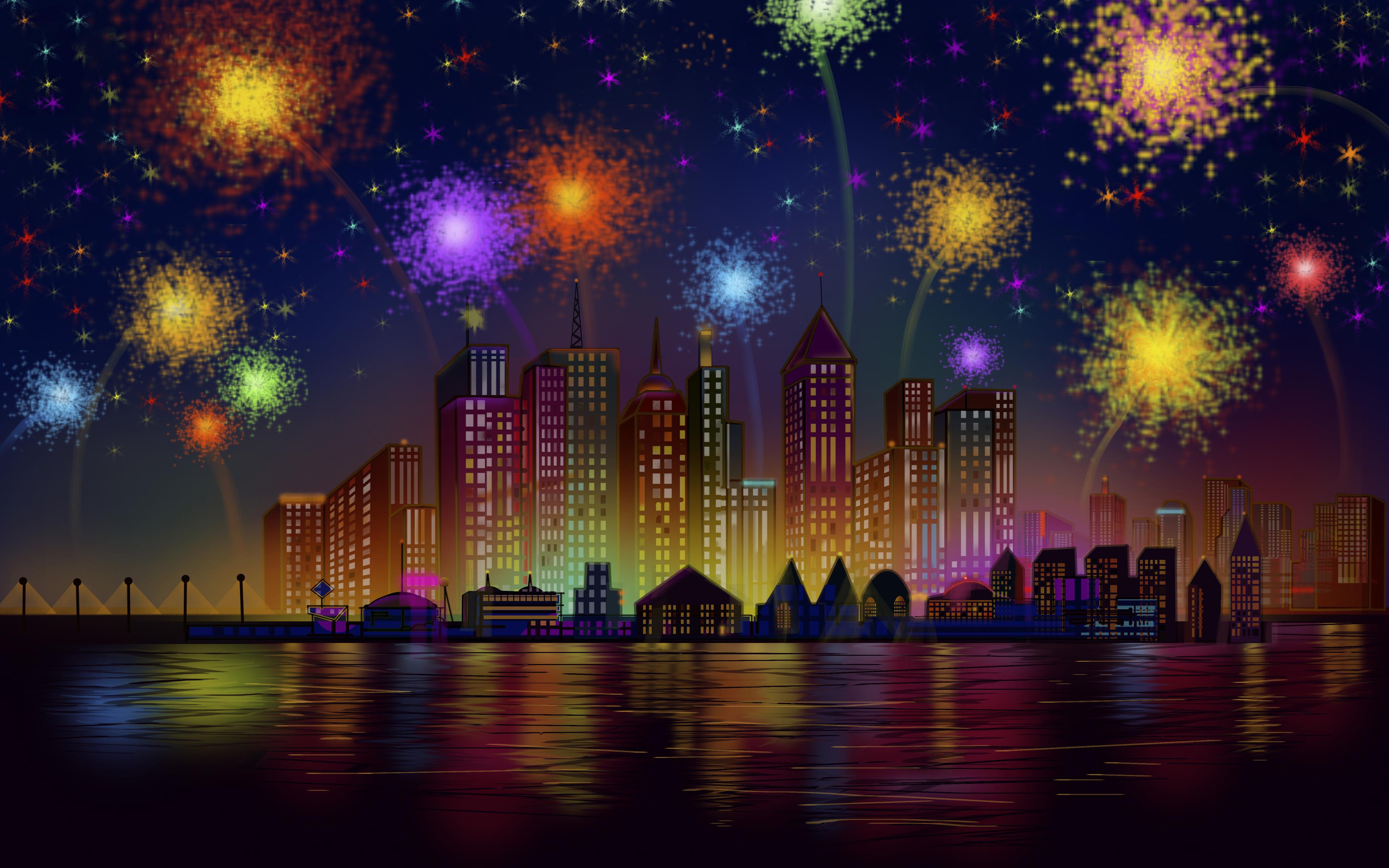 3840x2400 Happy Birthday Independence Day Celebration In New York City Night Fireworks Us HD Wallpaper 3840x2400 :