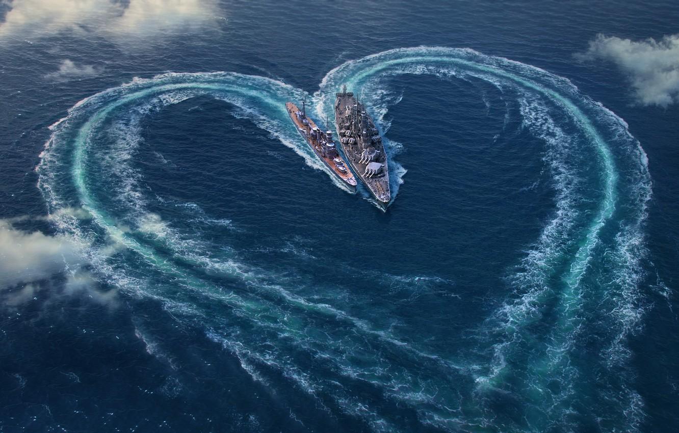 1332x850 Wallpaper sea, clouds, heart, ships, Valentine's day, the view from the top, World Of Warship image for desktop, section игры