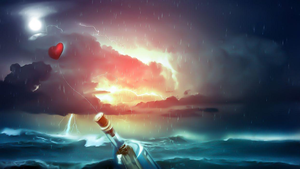 1244x700 Love romance mood heart bottle note letter ocean sea sky rain storm cartoon lightning mood wallpaperx1080