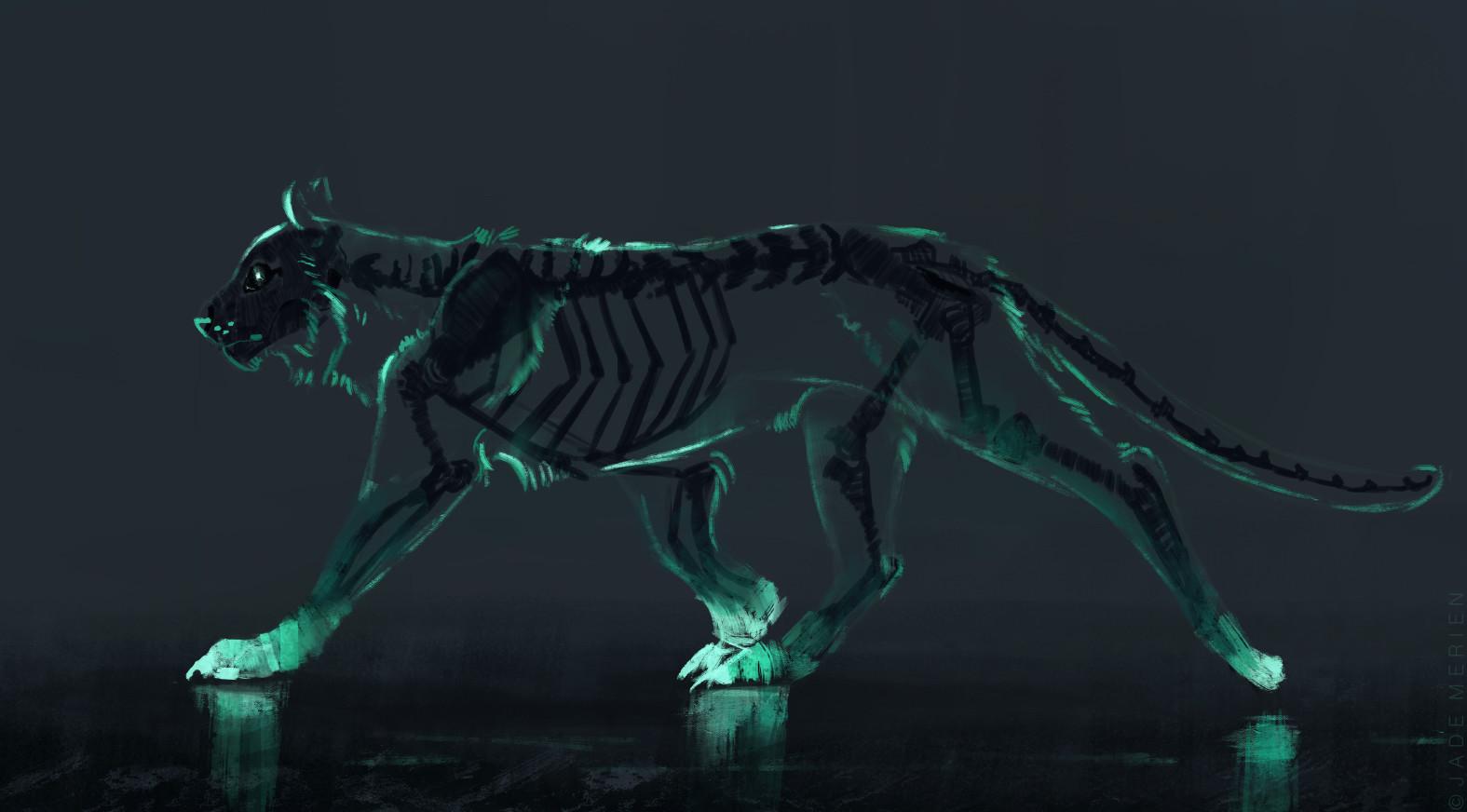 1575x872 Jade Merien Artwork Fantasy Art Big Cats Animals Fictional Creatures Skeleton Turquoise Tiger Wallpaper:1575x872