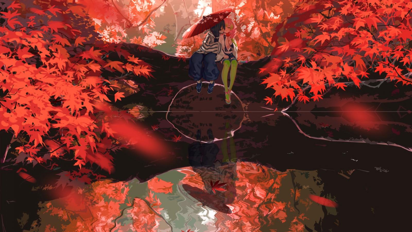 1600x900 Demon Slayer Mitsuri Kanroji Obanai Iguro Sitting Near Water With Parasol Around Trees With Red Leaves HD Anime Wallpaper