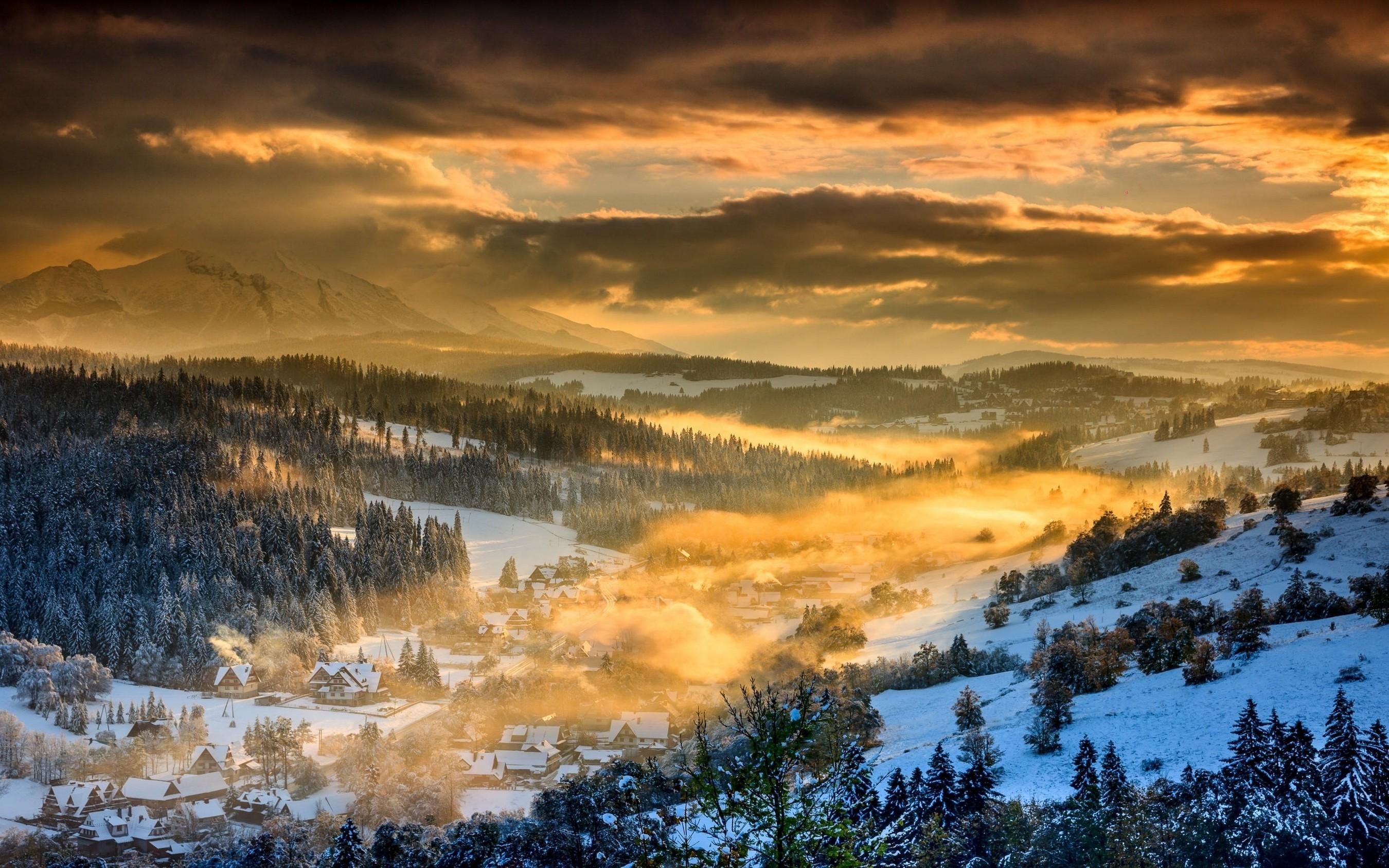 2700x1688 nature, Landscape, Winter, Sunset, Forest, Mountain, Clouds, Snow, Sky, Village, Poland, Mist, Valley Wallpaper HD / Desktop and Mobile Background