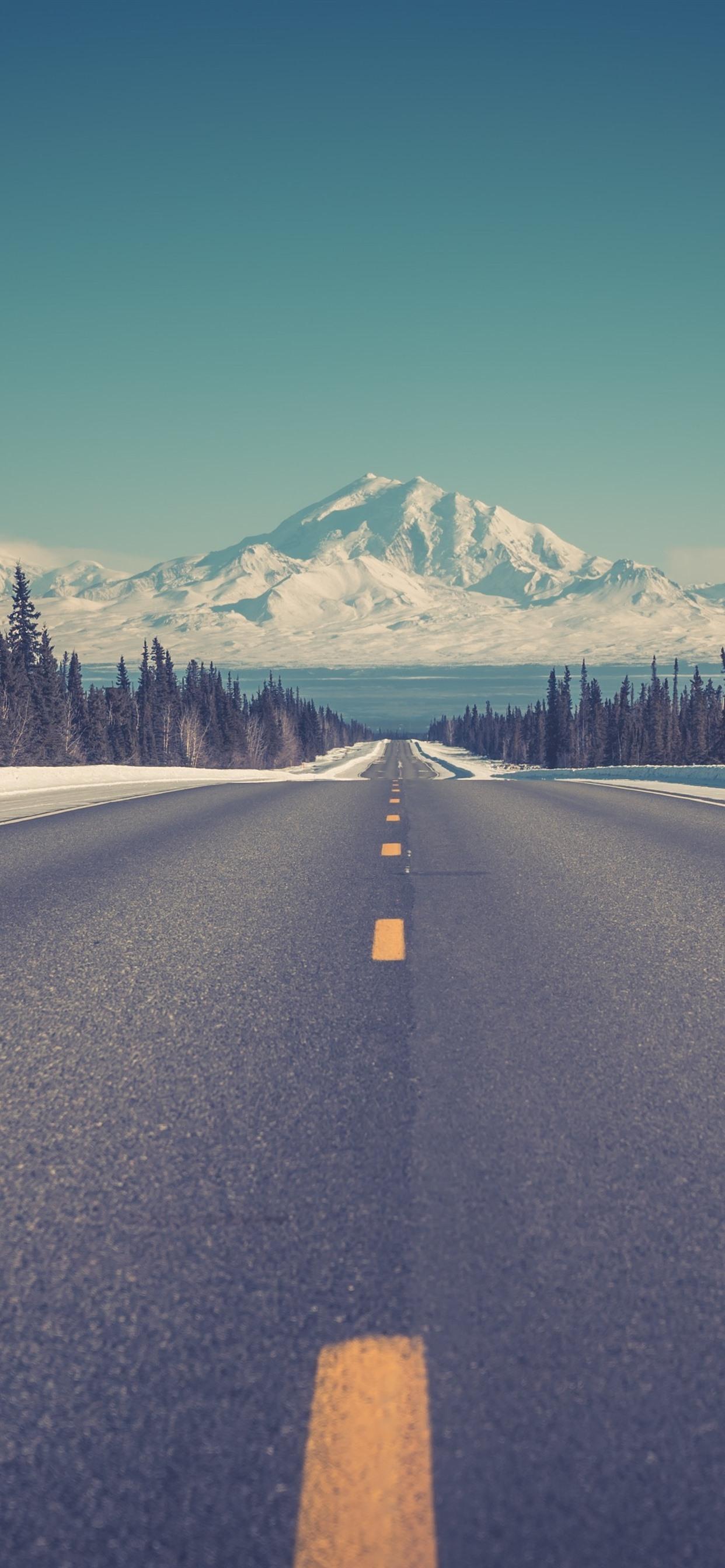1242x2688 iPhone Wallpaper Mountains, Road, Snow, Winter, Trees Wallpaper iPhone