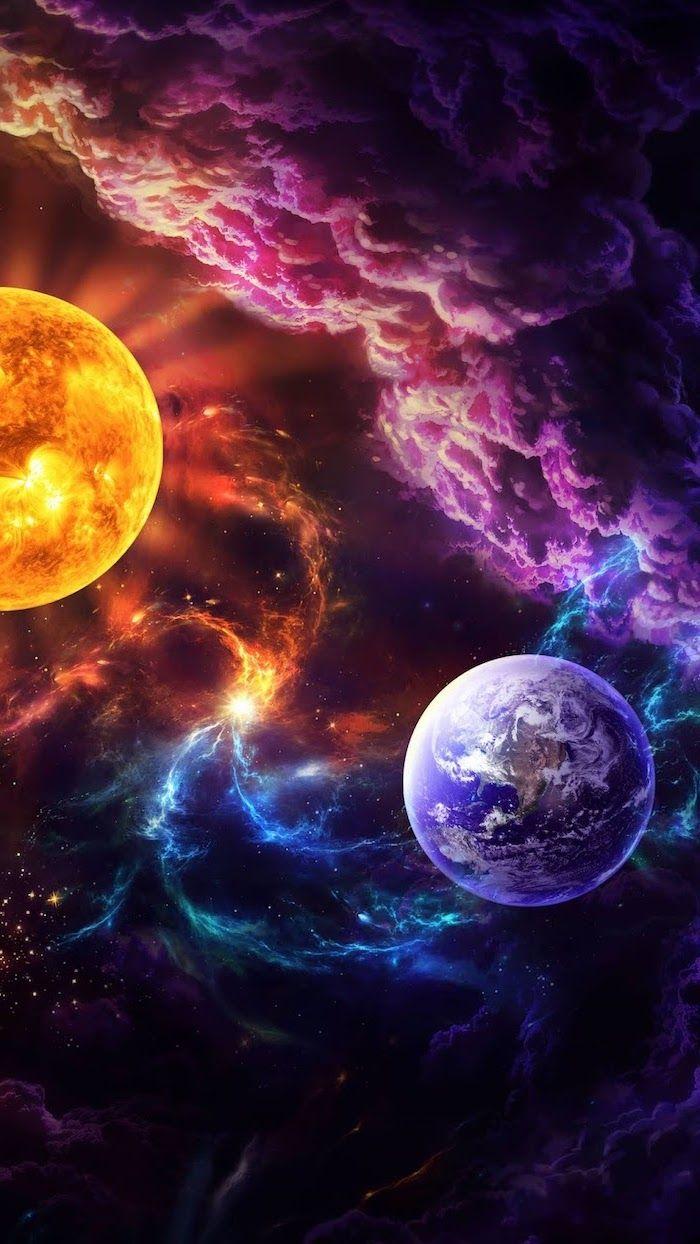 700x1244 Earth And The Sun Cartoon Image With Galaxy In Different Colors Around Them Purple Galaxy Backgroun. Cool Galaxy Wallpaper, HD Galaxy Wallpaper, Galaxy Wallpaper