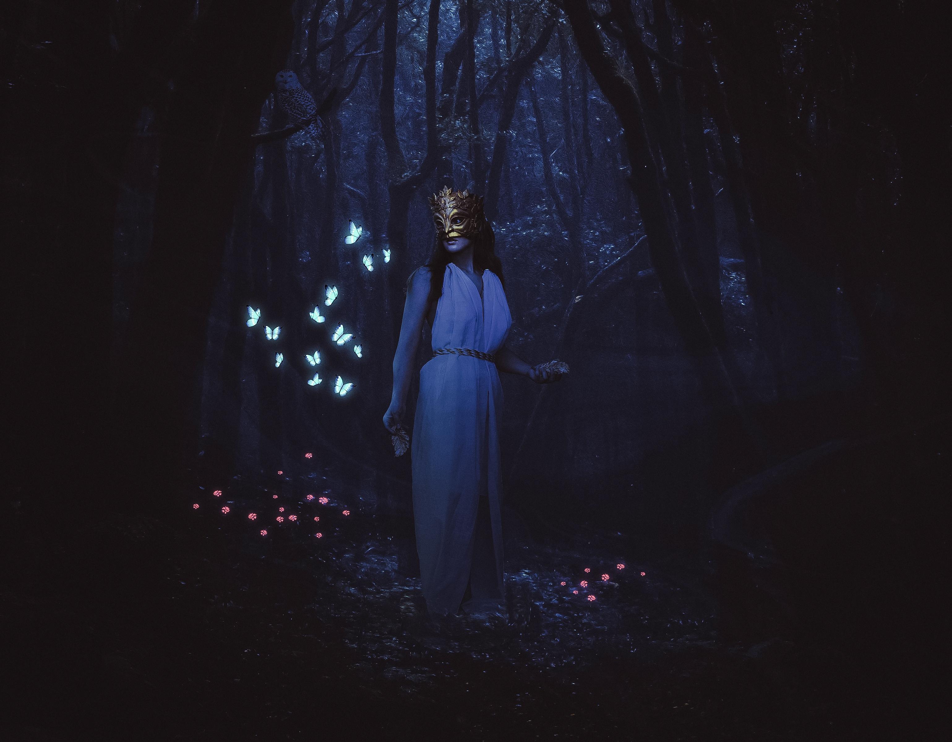 3078x2401 Download 3078x2401 Magical Forest, Butterflies, Angelic Woman, Darkness, Night Wallpaper