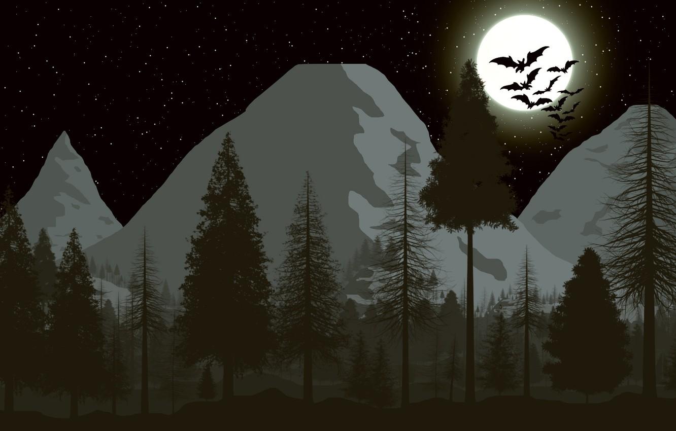 1332x850 Wallpaper forest, the sky, stars, mountains, the moon, tree, moon, bats, forest, picture, sky, stars, picture, bats, Konstantin Gebo, magic night image for desktop, section пейзажи