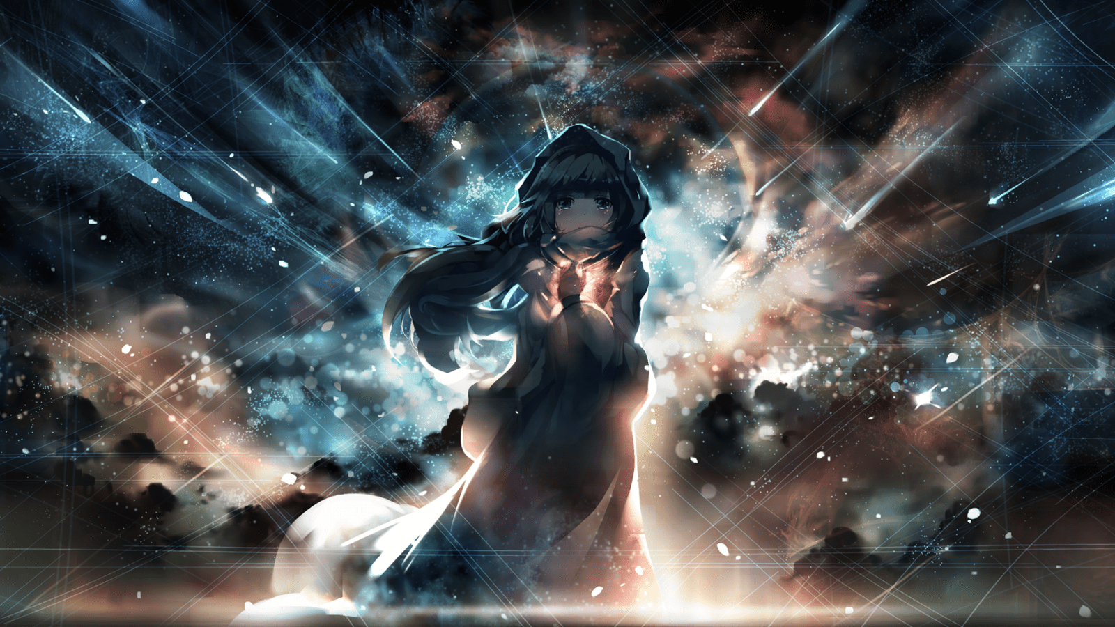 1600x900 anime, anime girls, space, hoods, nebula, original characters, universe, screenshot, computer wallpaper, special effects, outer space. Mocah HD Wallpaper