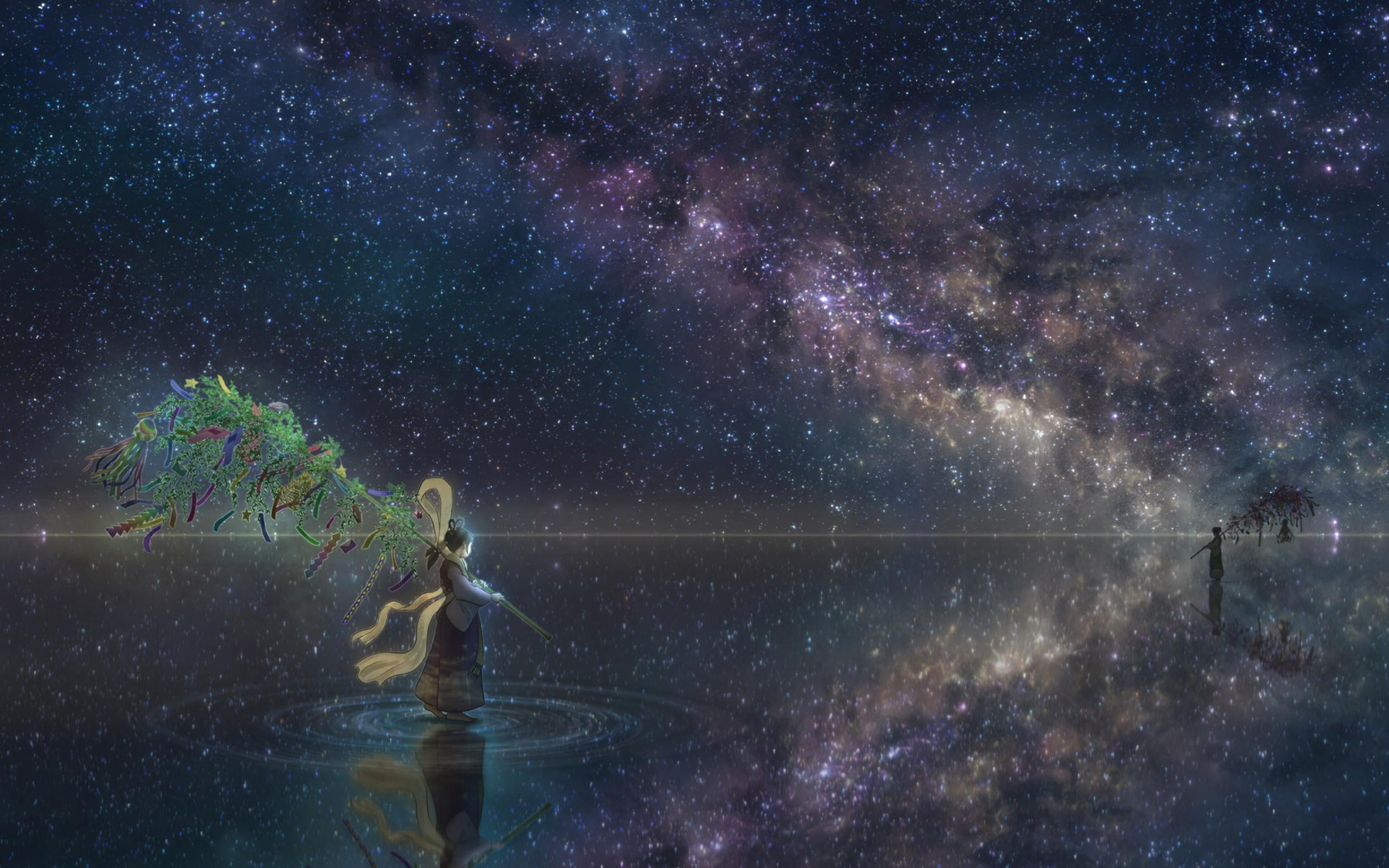2560x1600 Anime Girl Horizon Night Reflection Stars 2560x1600 Resolution HD 4k Wallpaper, Image, Background, Photo and Picture