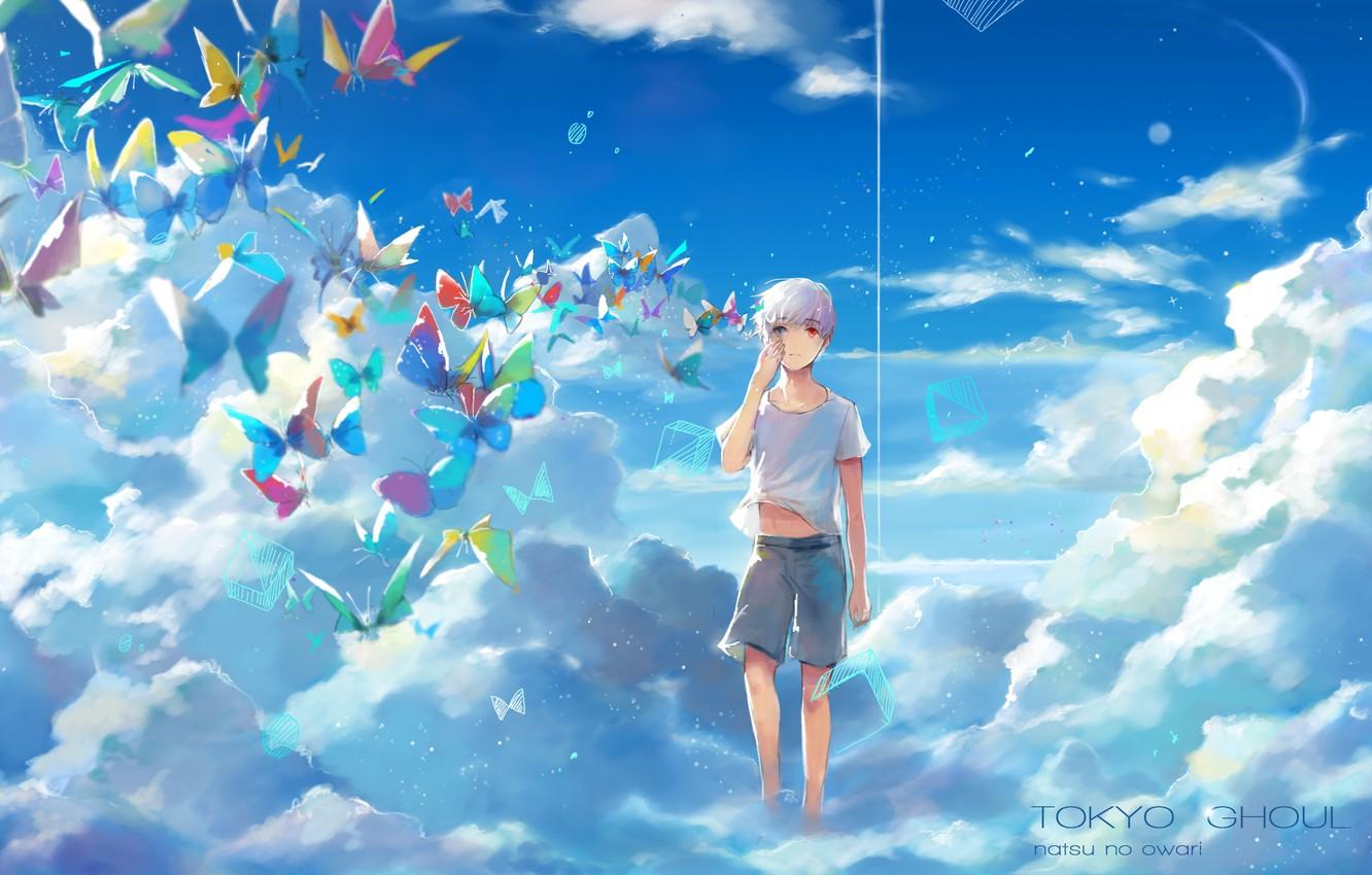 1332x850 Wallpaper the sky, clouds, butterfly, anime, art, guy, Tokyo ghoul, Tokyo Ghoul, Ken kanek, ruoyuwang, ringo image for desktop, section сэйнэн