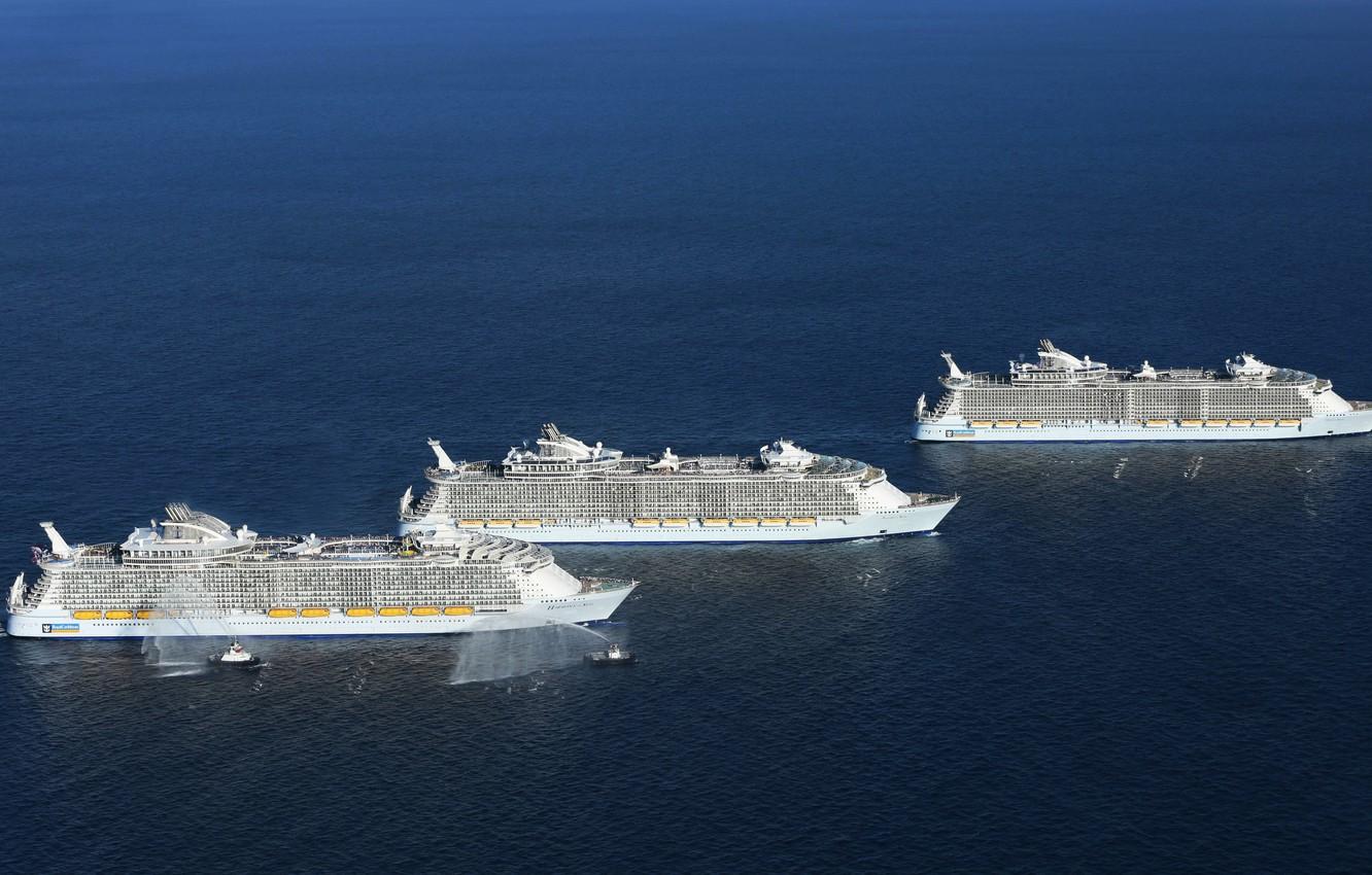 1332x850 Wallpaper The ocean, Sea, Three, The ship, Oasis of the Seas, Royal Caribbean International, Tugs, Passenger ship, Passenger liner, Tug, Ship, Allure of the Seas, Royal, Vessel, Cruise Ship, Harmony of the