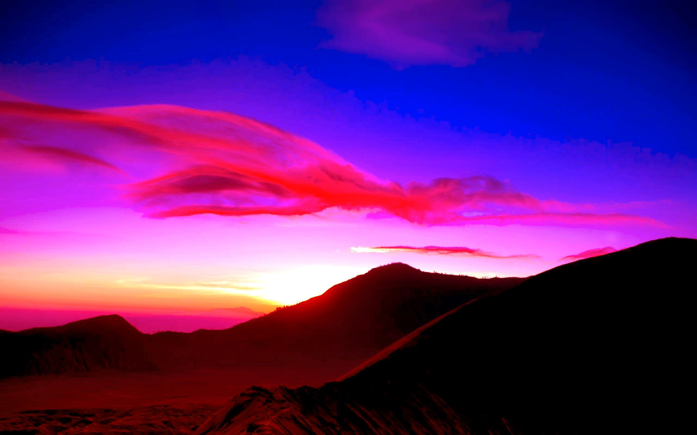 2880x1800 Download wallpaper from Earth Sunset with tags: Background, Blue, Pink, Mountain, Sunset, Cloud, Sky, Magenta