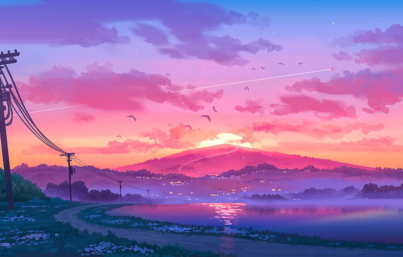 1332x850 Wallpaper sunset, posts, wire, silence, mountain, pink clouds, the river, fog in the evening, the road into the distance, birds in the sky, Denis Istomin image for desktop, section арт