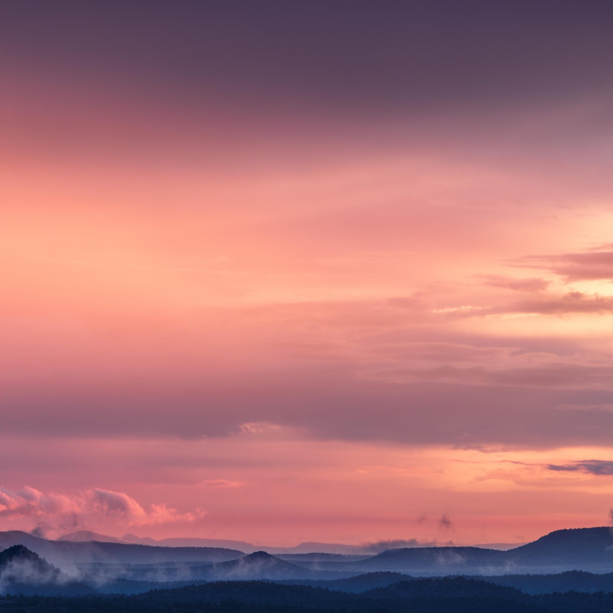 2048x2048 Pink Sky Wallpaper 4K, Sunset, Mountains, Landscape, Fog, Clouds, Dusk, Nature